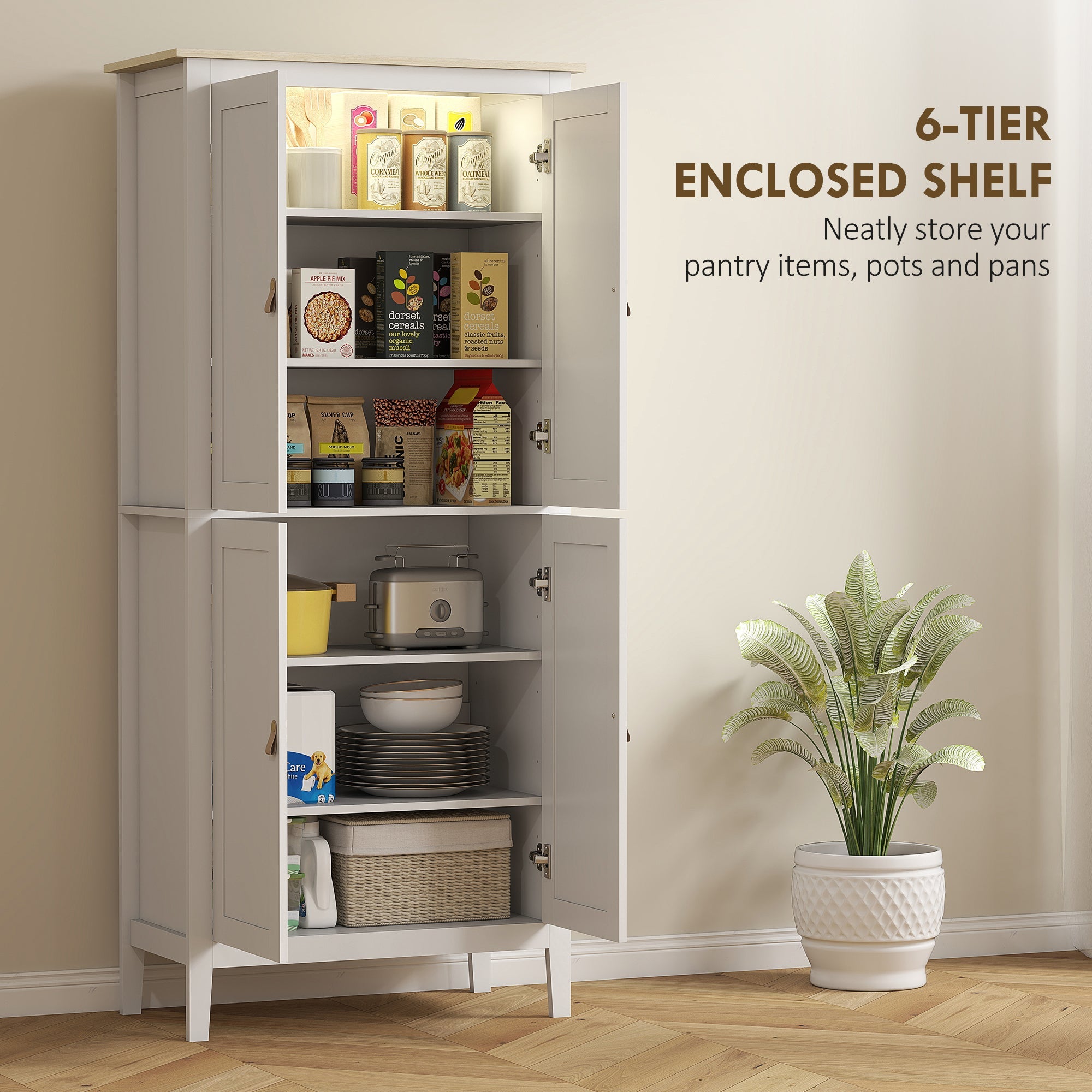 HOMCOM 176.5 cm Tall Pantry Cupboard with Motion Sensor LED Light - White
