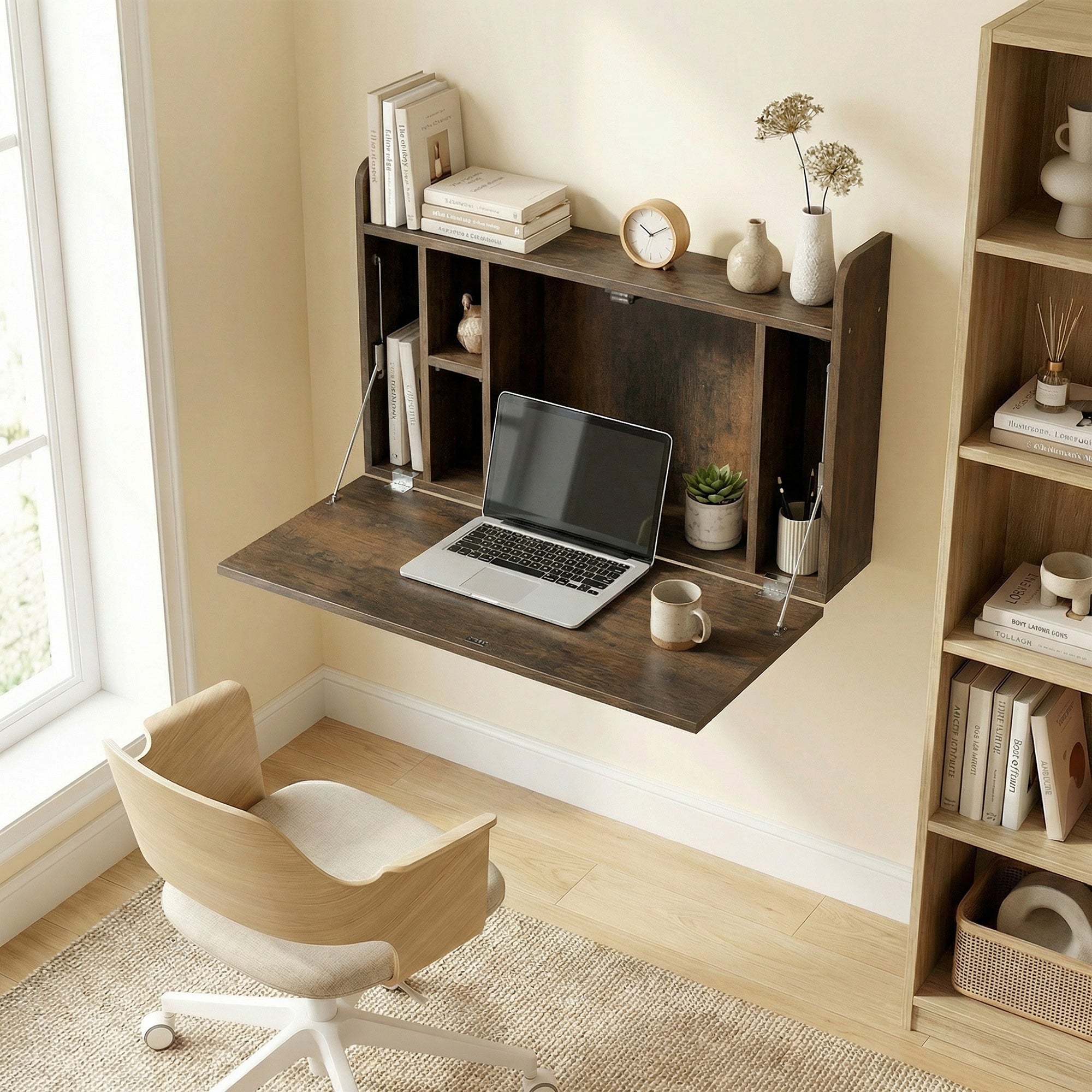 HOMCOM Wall Mounted Desk, Drop Leaf Floating Laptop Desk with Space Saving Storage Compartments for Home Office, Dark Brown