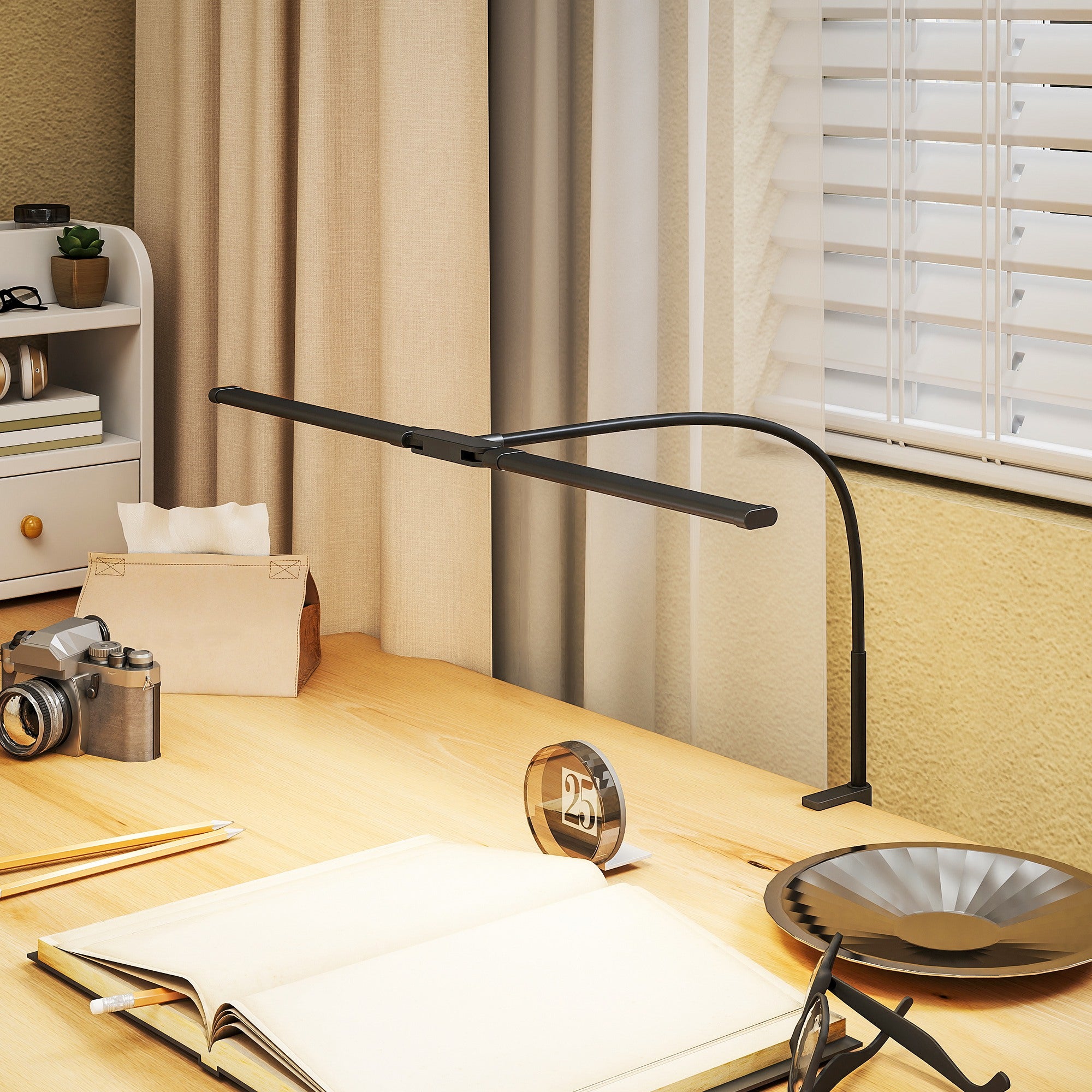 HOMCOM LED Desk Lamp with Clamp, Double Head Table Lamp with 3 Colour Modes & 10 Brightness Levels, Flexible Gooseneck Reading Desk Light with Timer and Memory Function for Study, Office, Work, Black