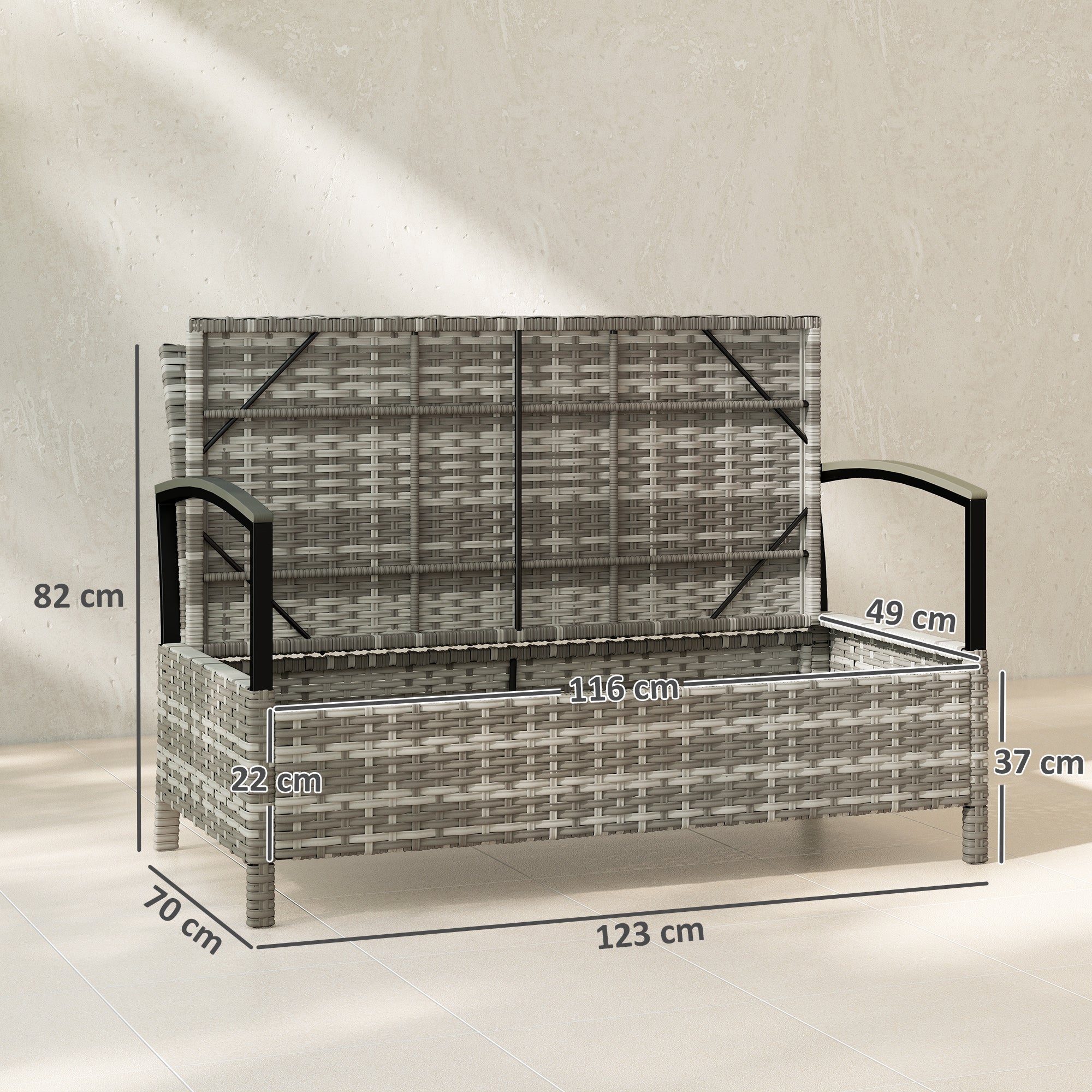 Outsunny 125L Garden Storage Bench, 2 Seater PE Rattan Outdoor Bench Storage Box with Padded Cushion, Dark Grey