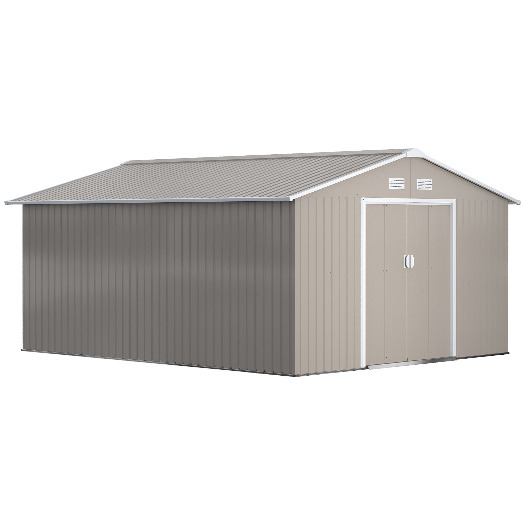 Outsunny 13 x 11ft Large Garden Shed, Mental Garden Storage Shed with Foundation Kit Ventilation & Doors, Light Grey