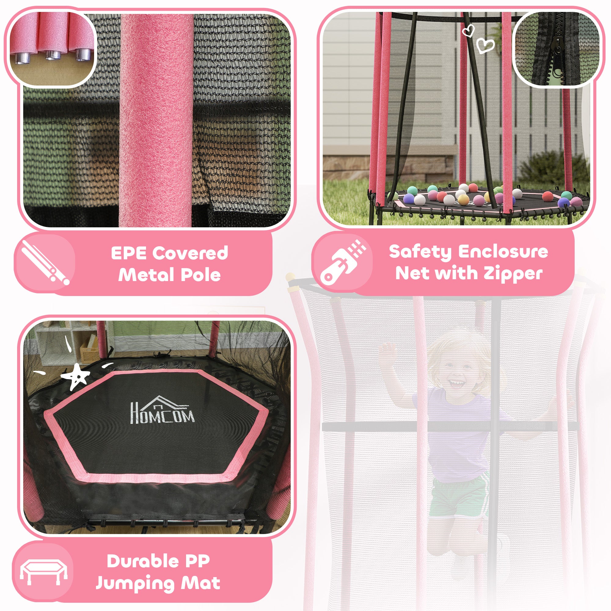 HOMCOM Kids Trampoline Mini Bouncer with Enclosure Safety Net For Ages 3-10 Years - Pink