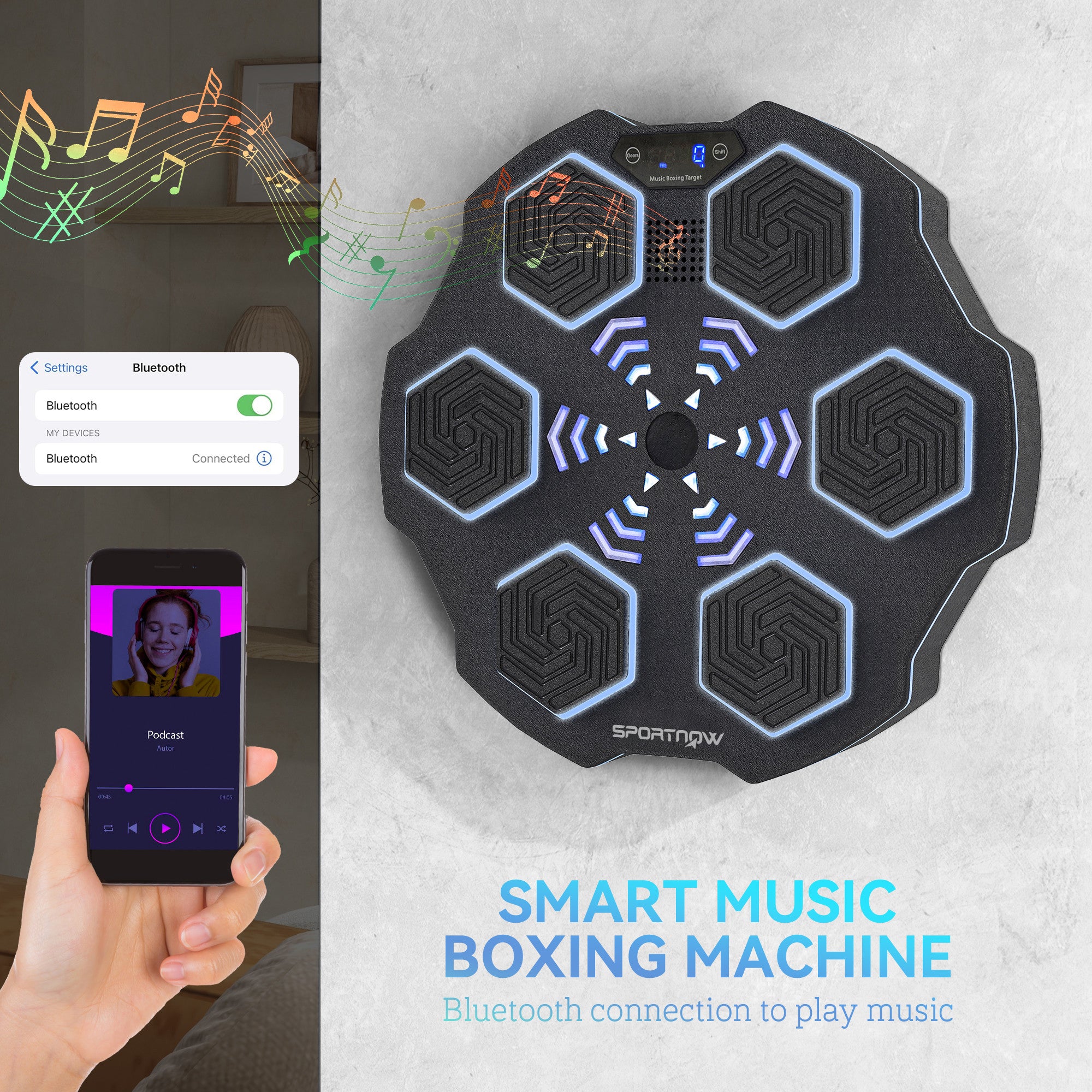 SPORTNOW Music Boxing Machine, Smart Bluetooth Boxing Machine Wall Mounted with 9 Speeds & Modes, LED Lights, Punching Pad for Adults, Black