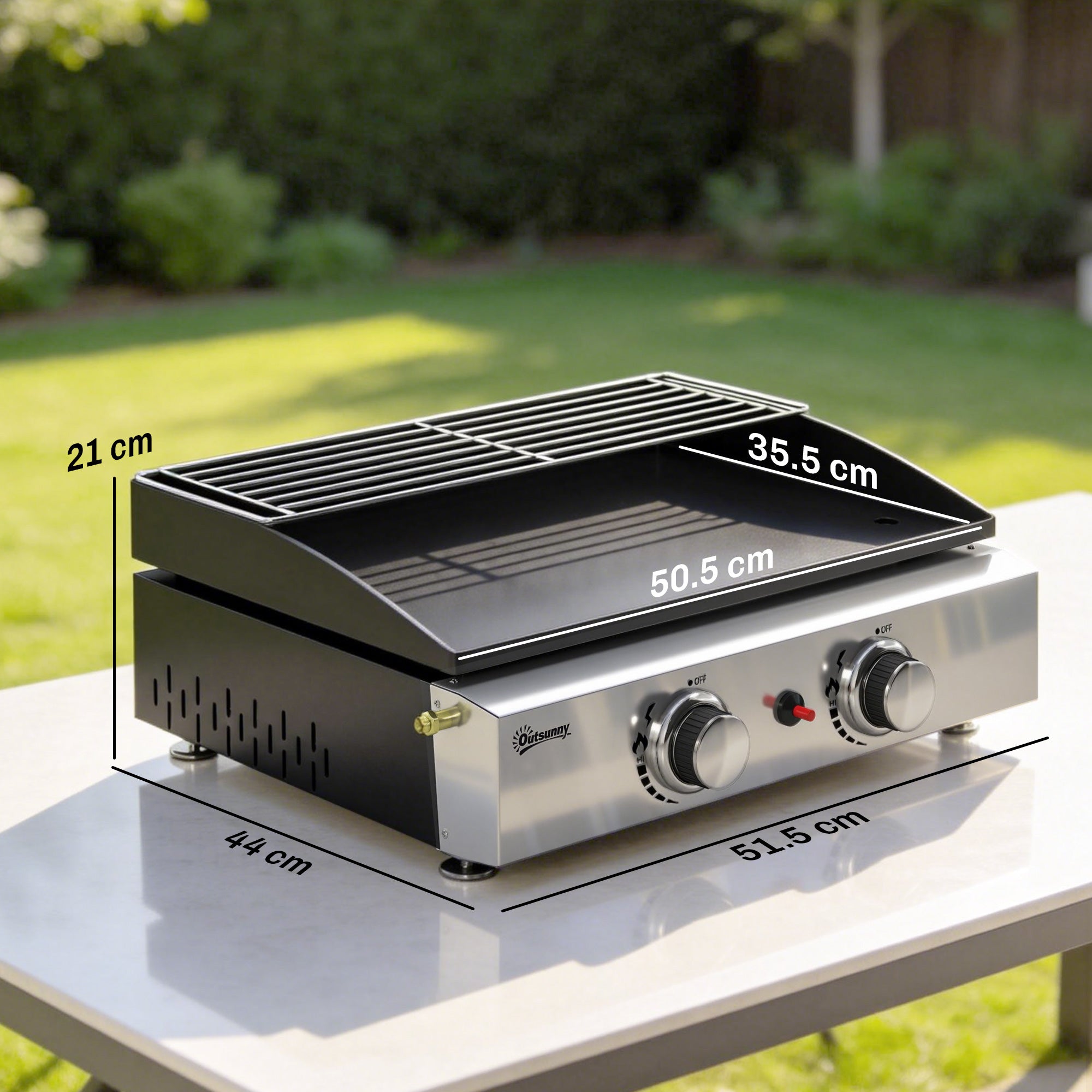 Outsunny 2 Burner Grill Griddle, Portable Gas Plancha with Warming Rack, 5 kW, Tabletop Gas BBQ with Grease Cup, Black