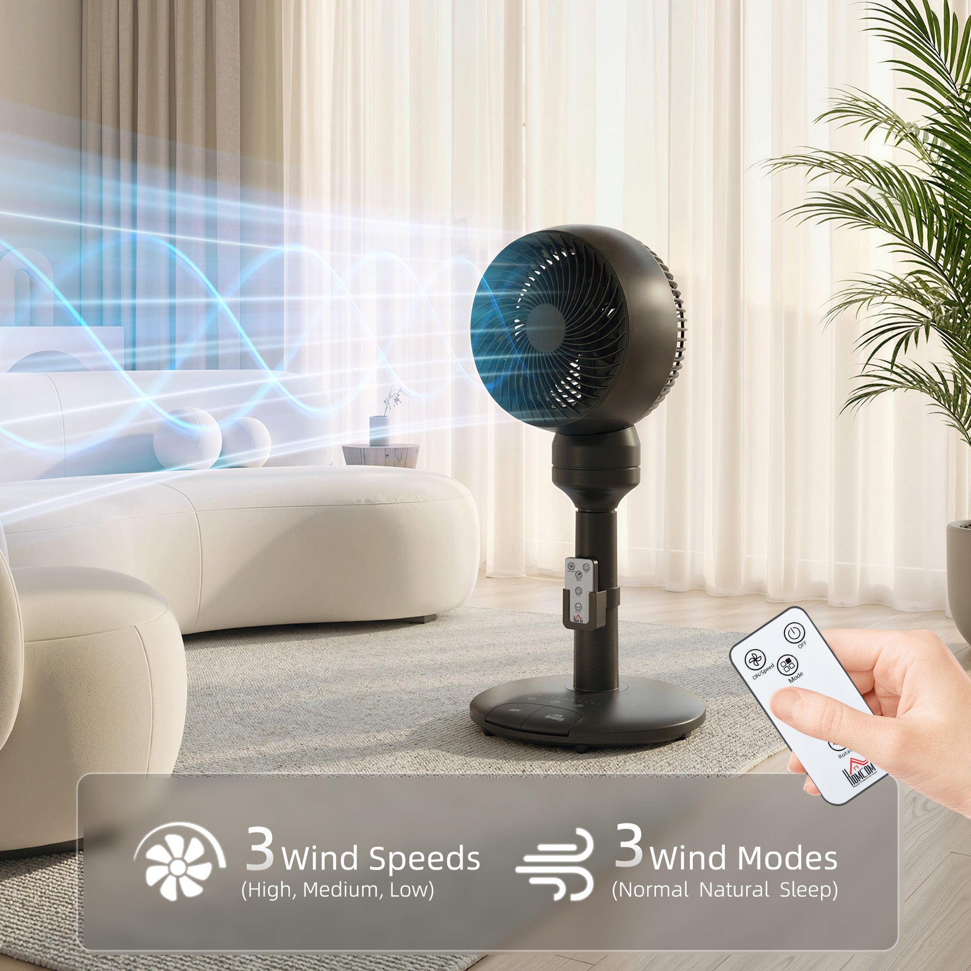 HOMCOM Air Circulator Fan Pedestal Cooling Fan with 3 Speed 3 Mode and Remote Control, 9 Inch, Black