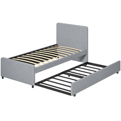 HOMCOM 3ft Single Bed Frame with Trundle, Upholstered Pull Out Trundle Bed with Headboard and Footboard, Light Grey