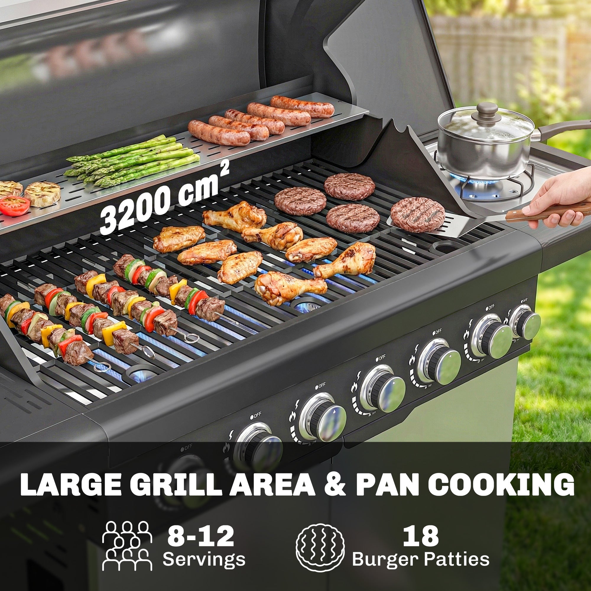 Outsunny 6+1 Burner Gas BBQ Grill, Outdoor Barbecue Trolley with Wheels, Warming Rack, Thermometer, Bottle Opener, Silver Tone