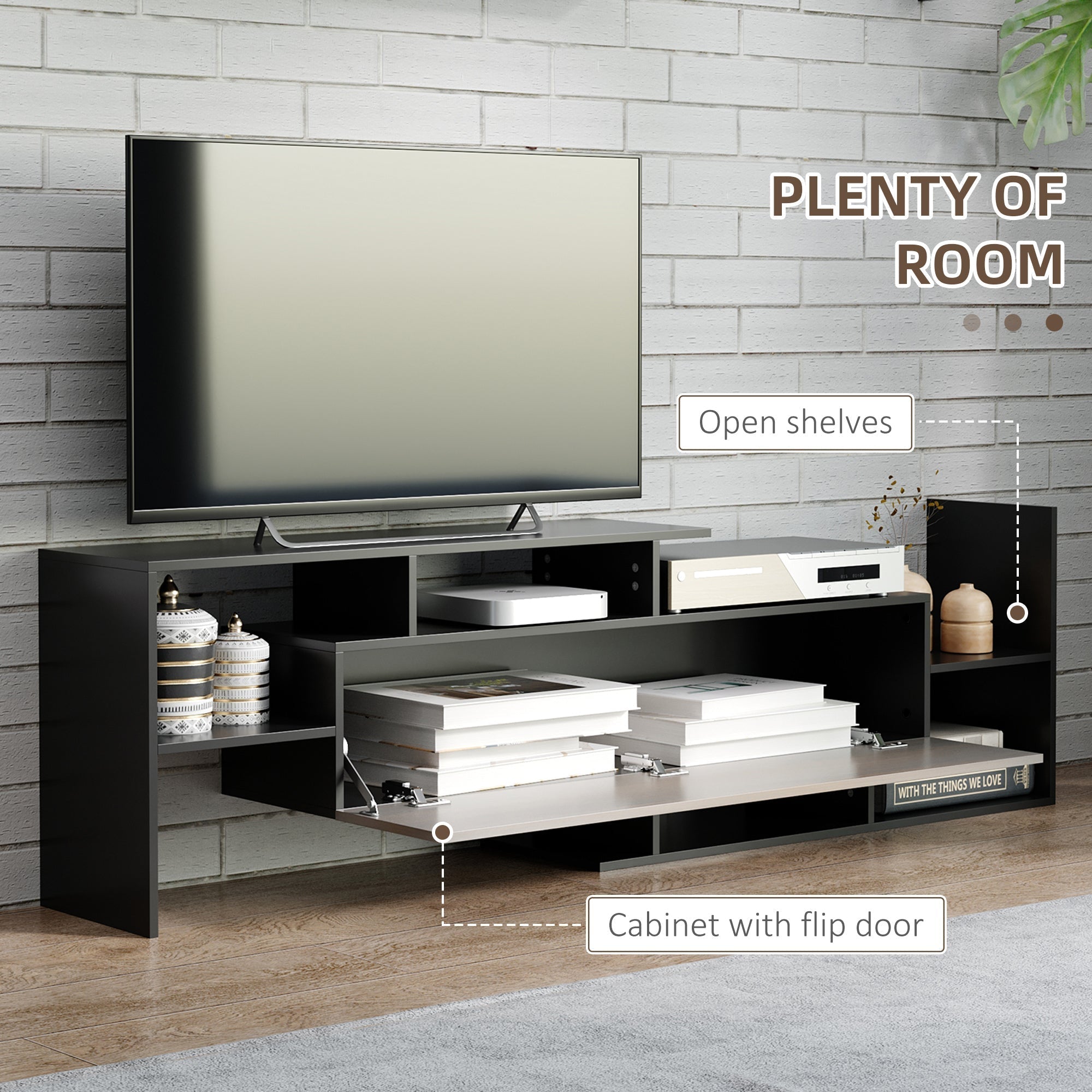 HOMCOM TV Cabinet with Wall Shelf for Wall-Mounted 65" TVs or Standing 40" TVs - Black and Dark Brown
