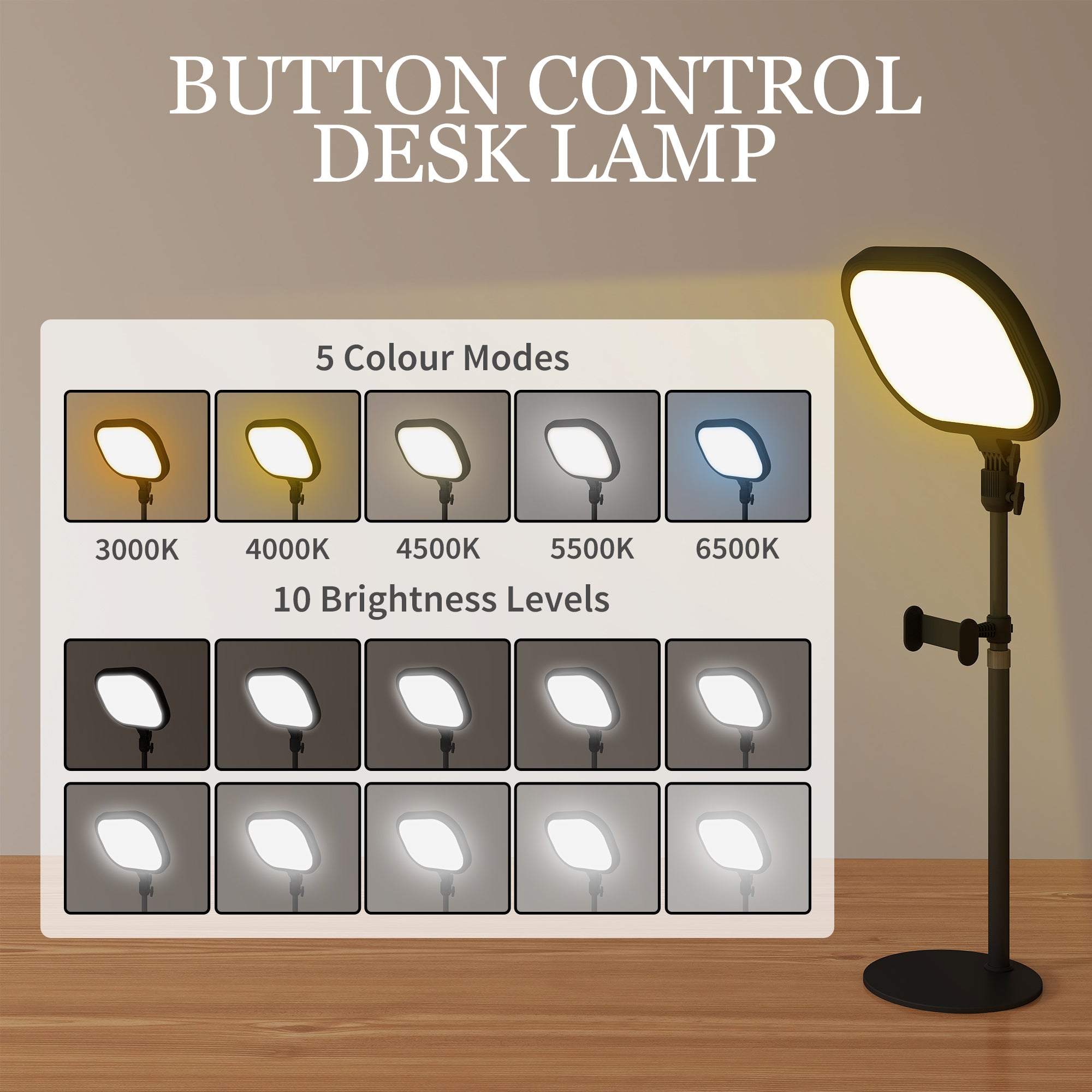 HOMCOM Selfie Light for Video Conference Lighting, Dimmable Desk Lamp with Stand Phone Holder, 5 Colour Modes & 10 Brightness Levels, Memory Function for Home Office, Recording, Video Calls, Black