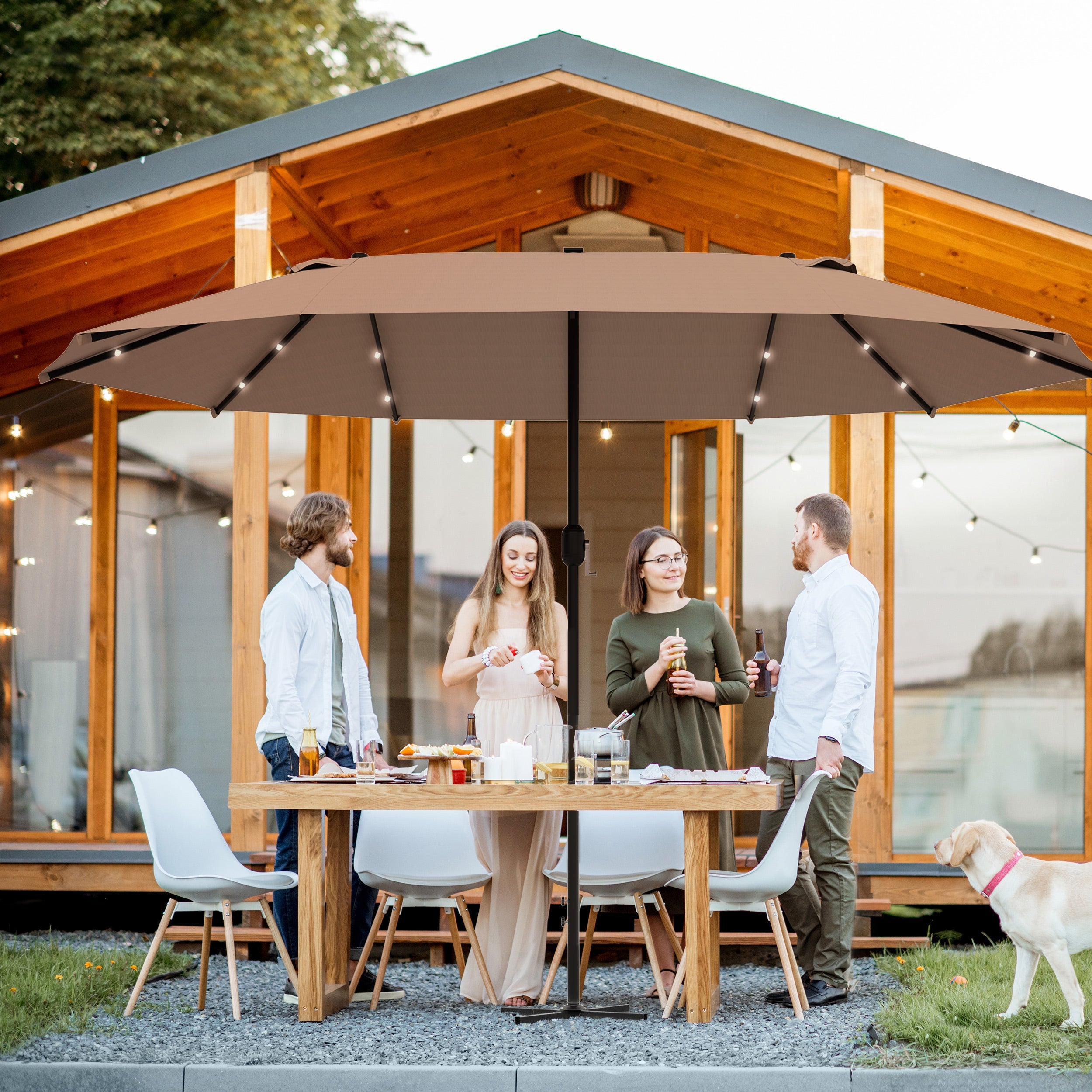 Outsunny Garden Parasol 4.4m Double-Sided Sun Umbrella Patio Parasol LED Solar Lights Khaki