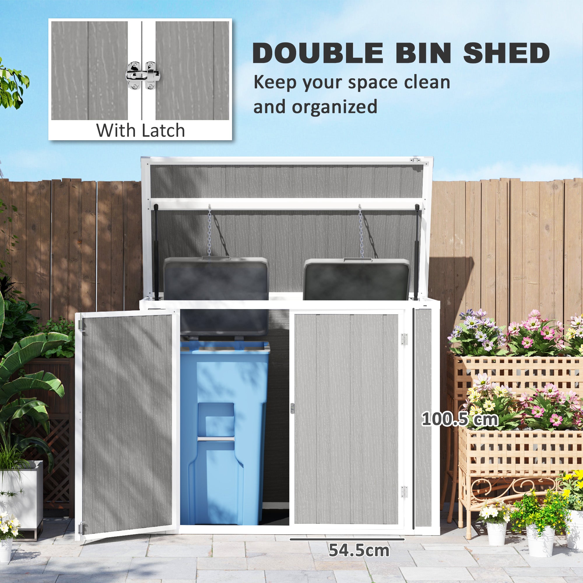 Outsunny 4.7 x 2.5FT Garden Shed, Double Bin Storage Shed with Lockable Doors, Outdoor Small Shed with Openable Lid for 2 Trash Cans, Garden Tools, Grey