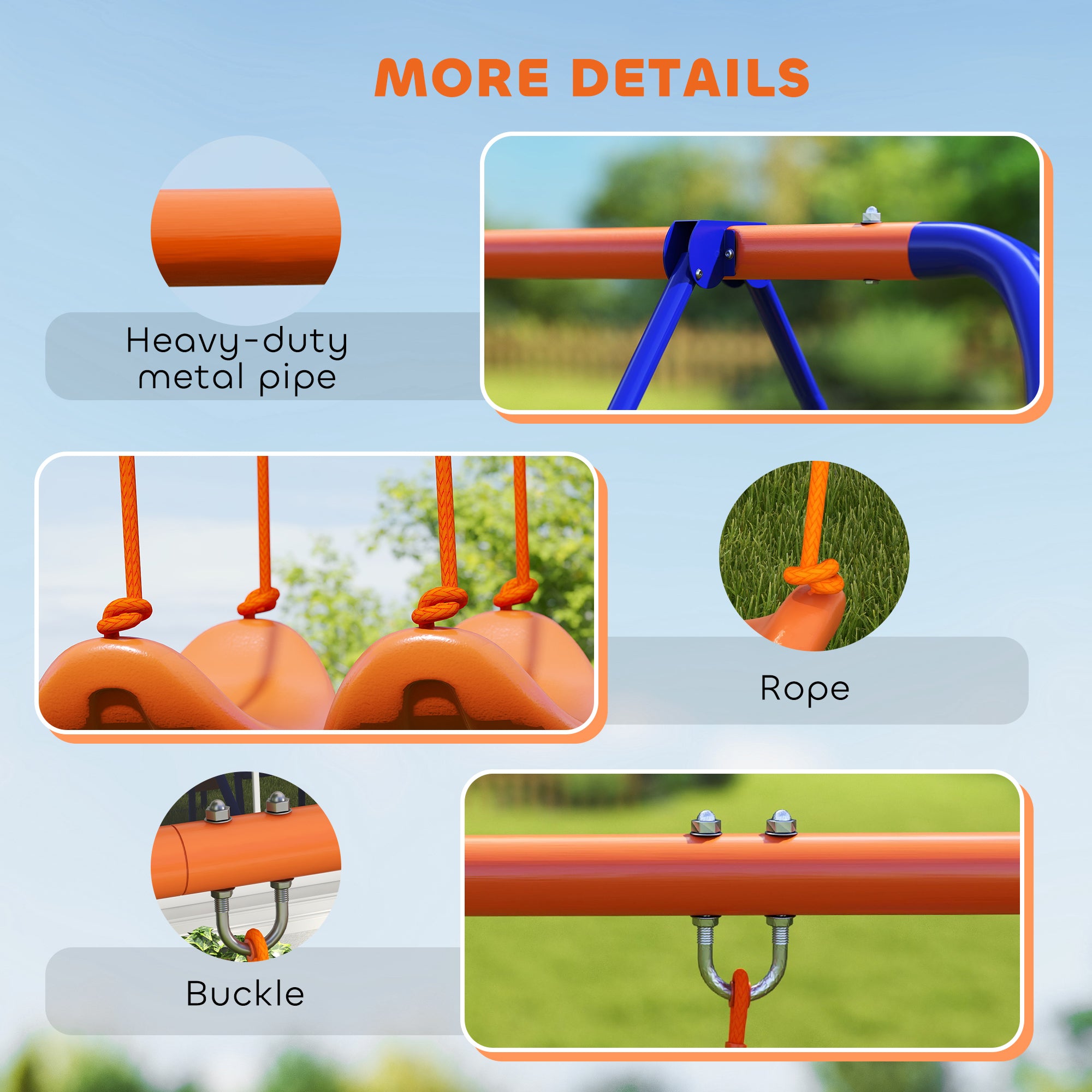Outsunny Four-In-One Metal Garden Swing Set, with Double Swings, Glider, Slider, Ladder - Orange and Blue