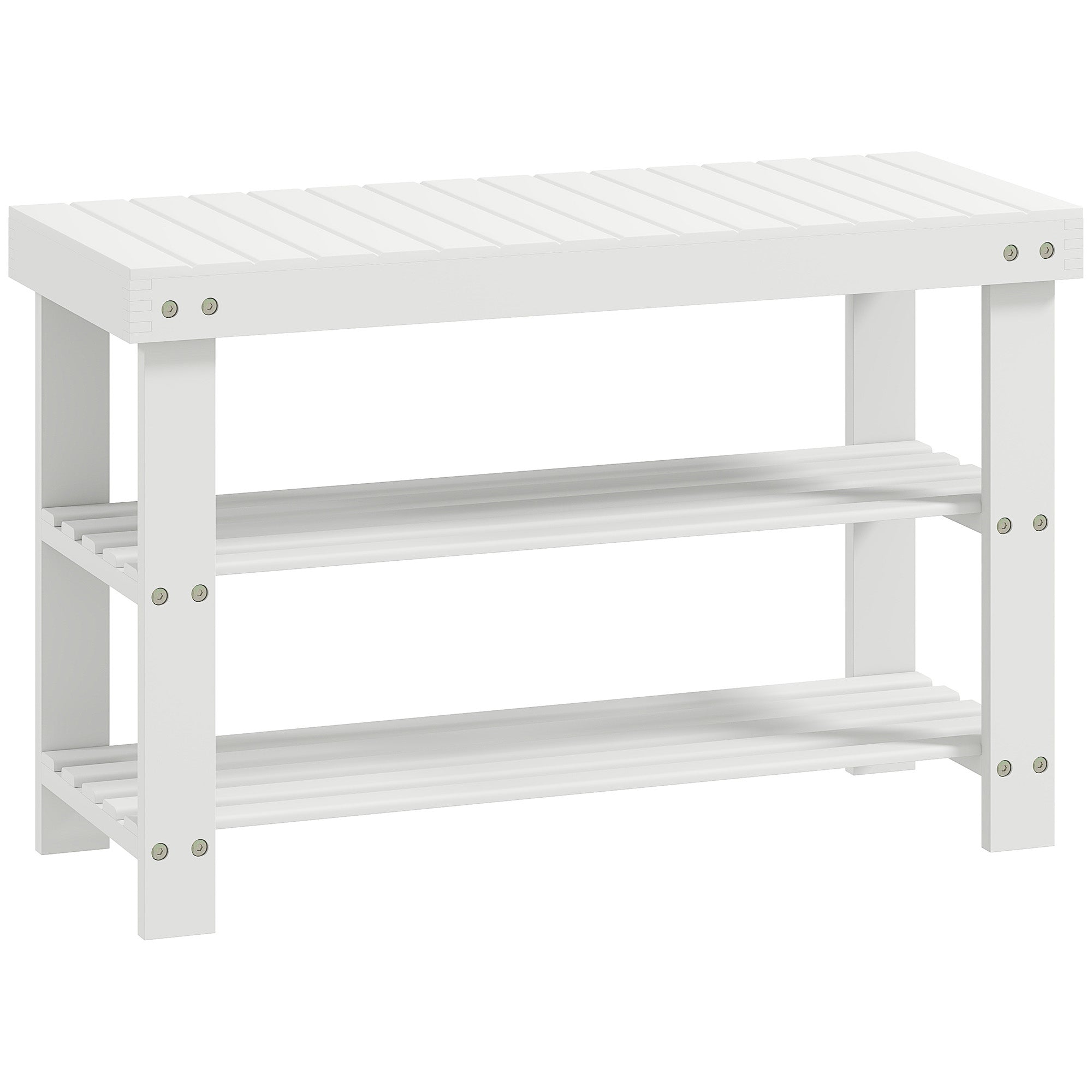 HOMCOM Two Shelf Bamboo Shoe Storage Bench - White
