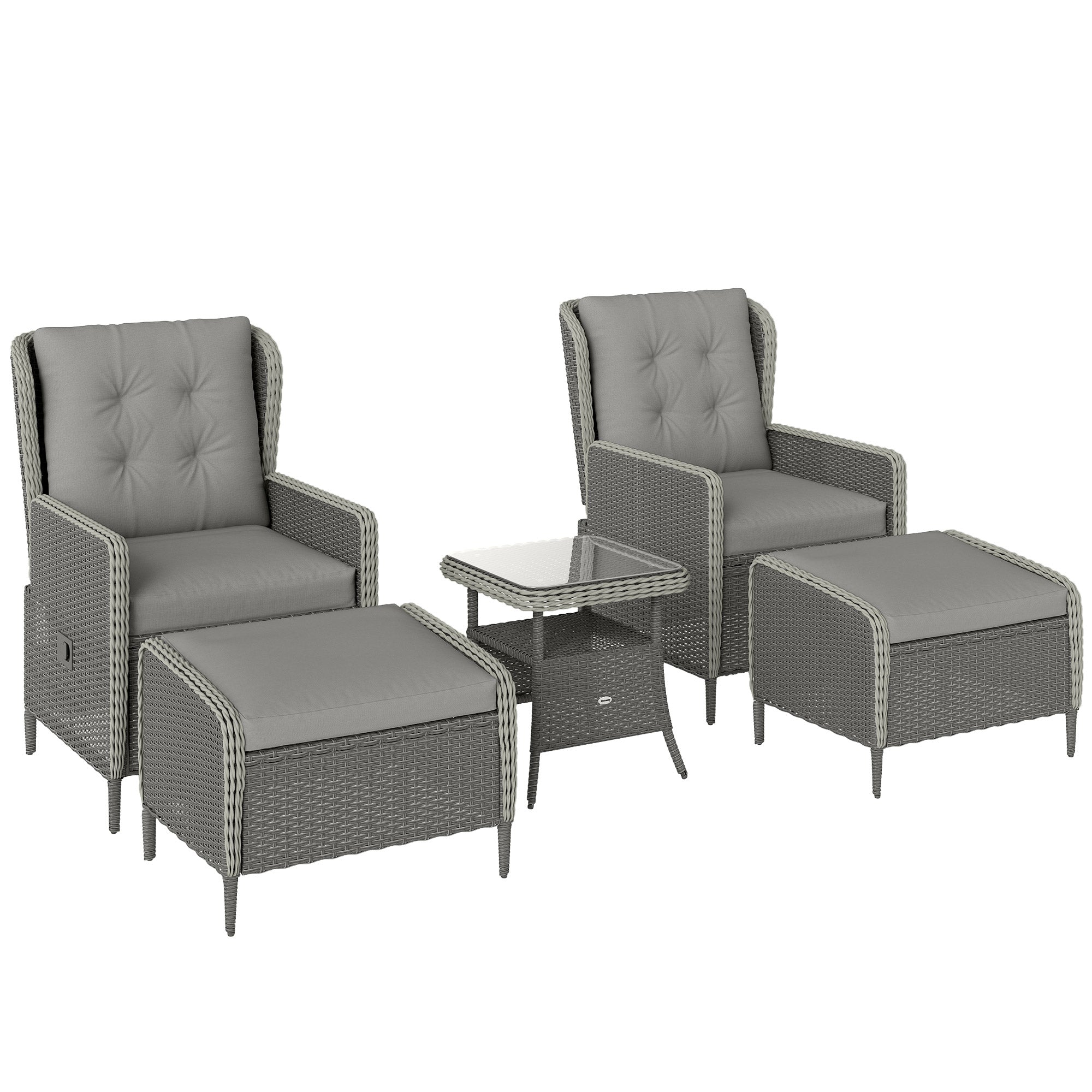 Outsunny Five-Piece Reclining Rattan Chair Set - Charcoal Grey