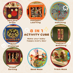 AIYAPLAY 8 in 1 Wooden Activity Cube with Bead Maze, Shape Sorter, for Kids Boys Girls 18+ Months