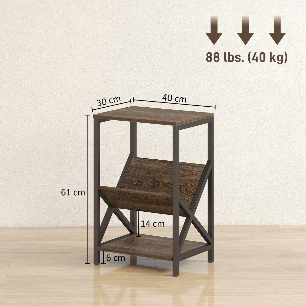 HOMCOM Narrow Side Table, End Table with 3-Tier Storage, V-Shaped Magazine Holder for Living Room, Bedroom, 40 x 30 x 61cm, Oak