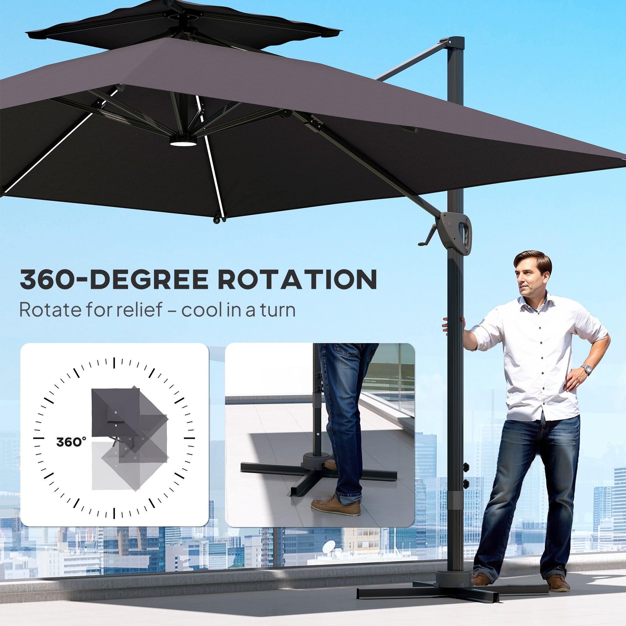 Outsunny 3.5x3 m Garden Cantilever Parasol with Solar LED Lights and Centre Light, Aluminium Large Square Patio Umbrella, UPF50+ Hanging Sun Shade with Cross Base, Crank Handle and Tilt, Grey