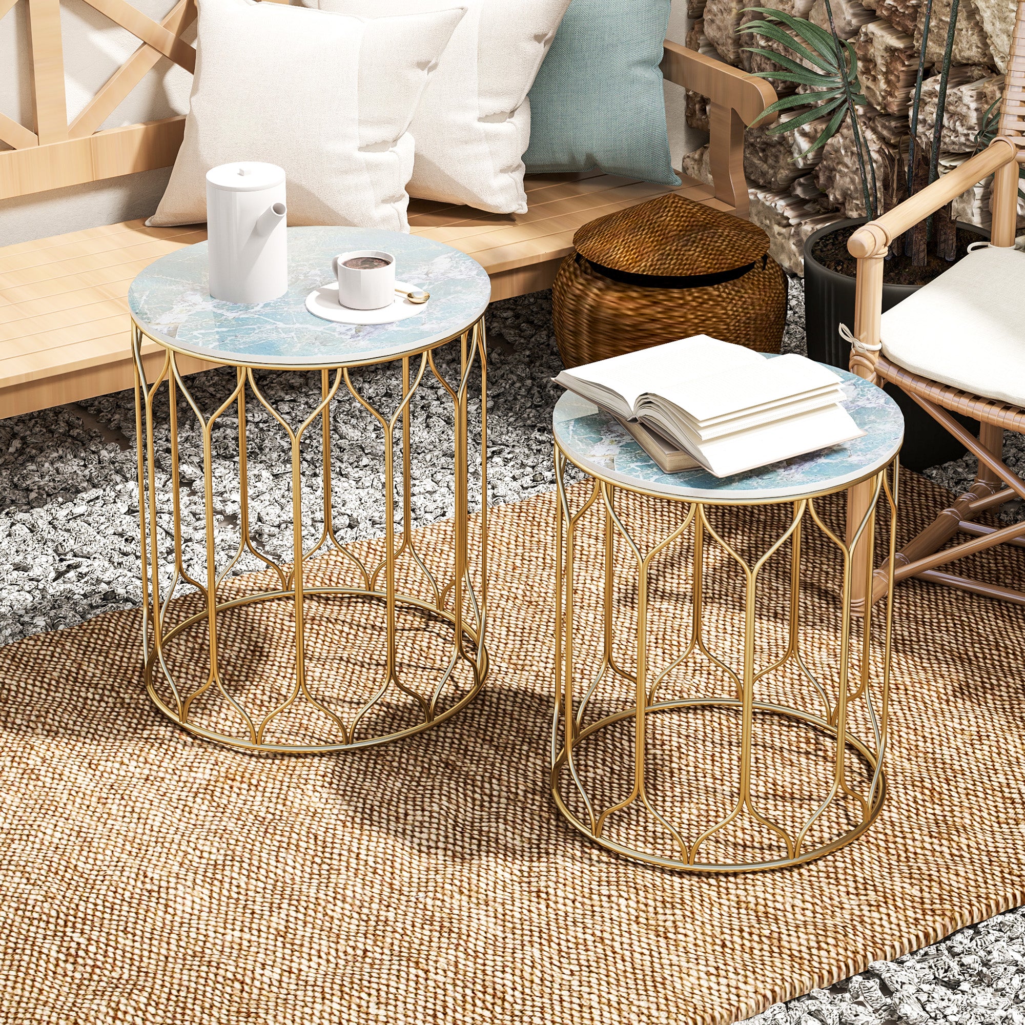 Outsunny Round Coffee Table Set of 2, Modern Nesting Tables with Ceramic Tile Top, Small End Tables, Indoor Outdoor Side Table with Metal Frame for Living Room, Bedroom, Patio, Balcony, Multicoloured