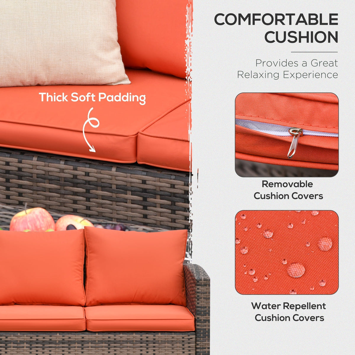 Outsunny 6 Pieces Rattan Garden Furniture Set, 7 Seater Wicker Outdoor Furniture Set with Storage Tea Table & Side Table, Sectional Garden Sofa Set with Cushions, Orange