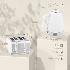 HOMCOM Stainless Steel Kettle and Toaster Set, 1.7L 3000W Rapid Boil Jug Kettle with UK Strix Thermostat, Limescale Filter, 4 Slice Toaster with 7 Browning Controls, Crumb Tray, White and Silver Tone