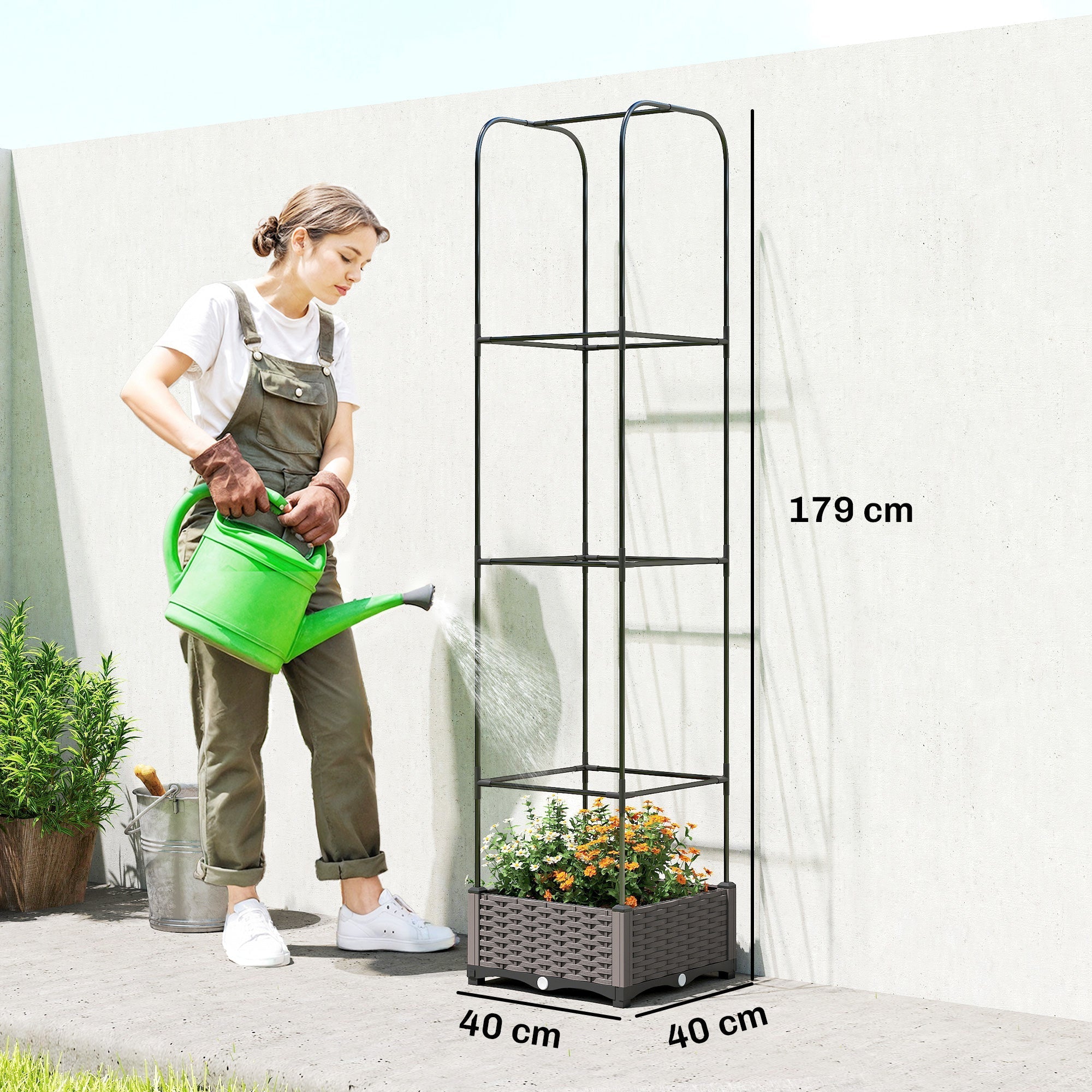 Outsunny Raised Garden Bed with Trellis, Plastic Planter Box with Drainage Holes, Drain Plugs and Water Reservoirs