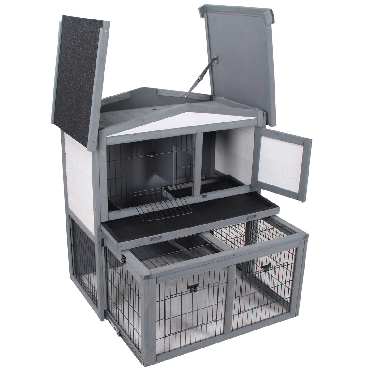 PawHut Rabbits 2-Tier Fur Wood Outdoor Hutch Guinea Pigs Hutches Grey
