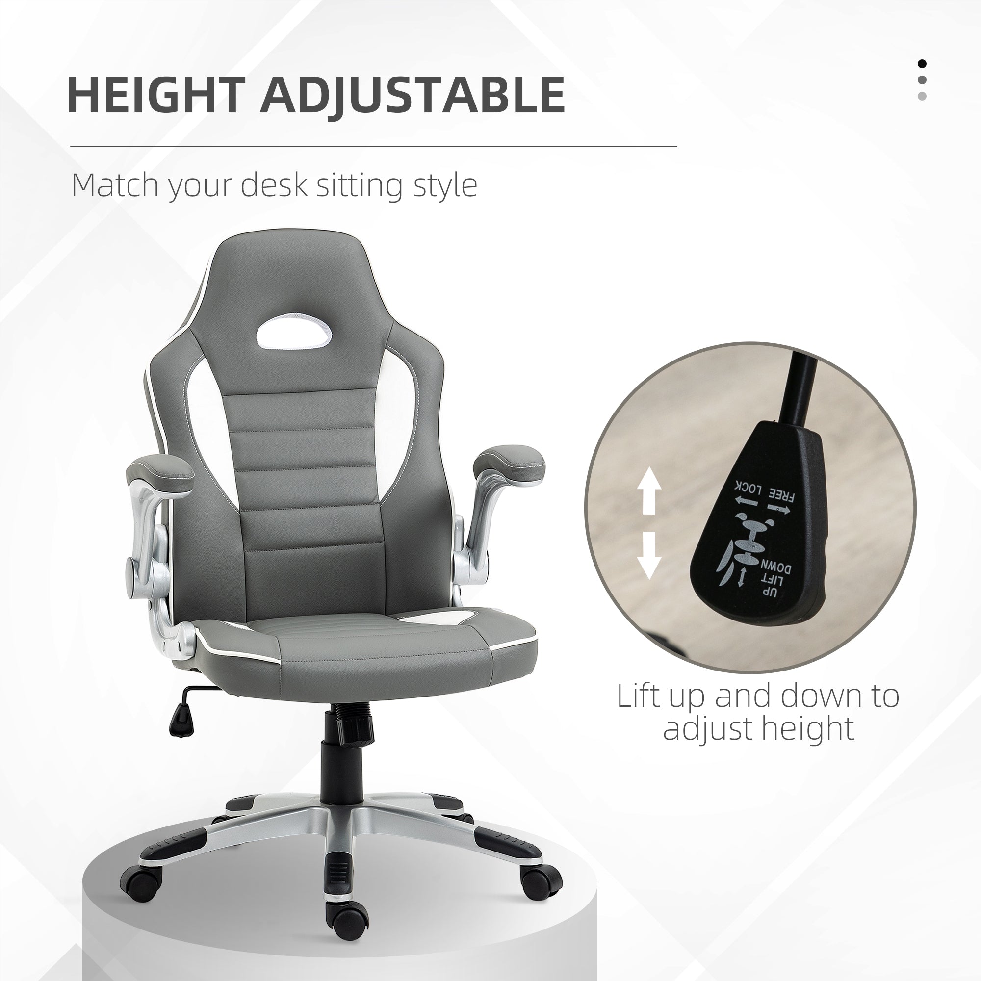 Vinsetto Computer Gaming Chair, Office Desk Swivel Chair, PU Leather Racing Chair with 90  Flip-up Armrest, Adjustable Height and Rolling Wheels, Grey