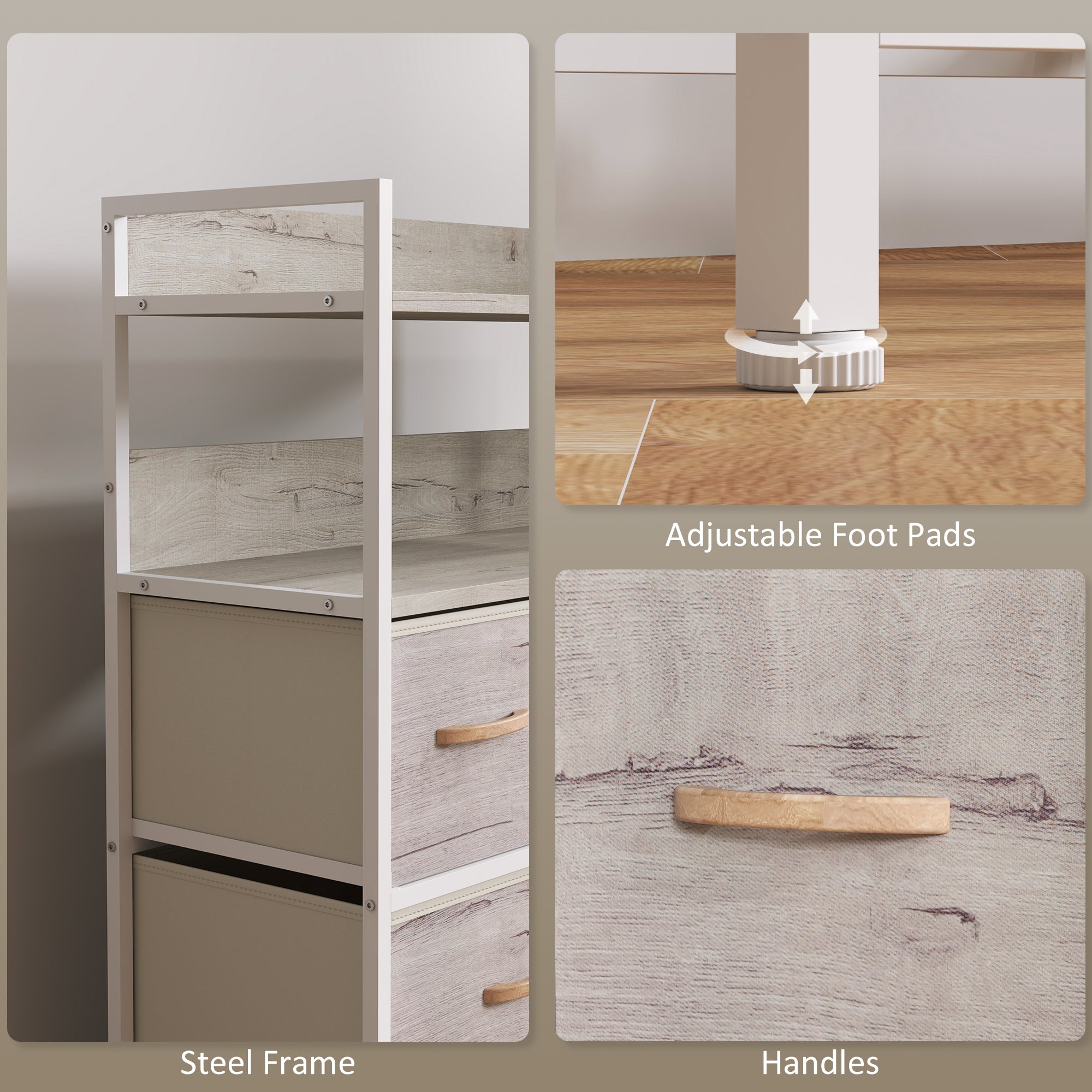 HOMCOM Rustic Chest of Seven Fabric Drawers - Natural Wood Finish