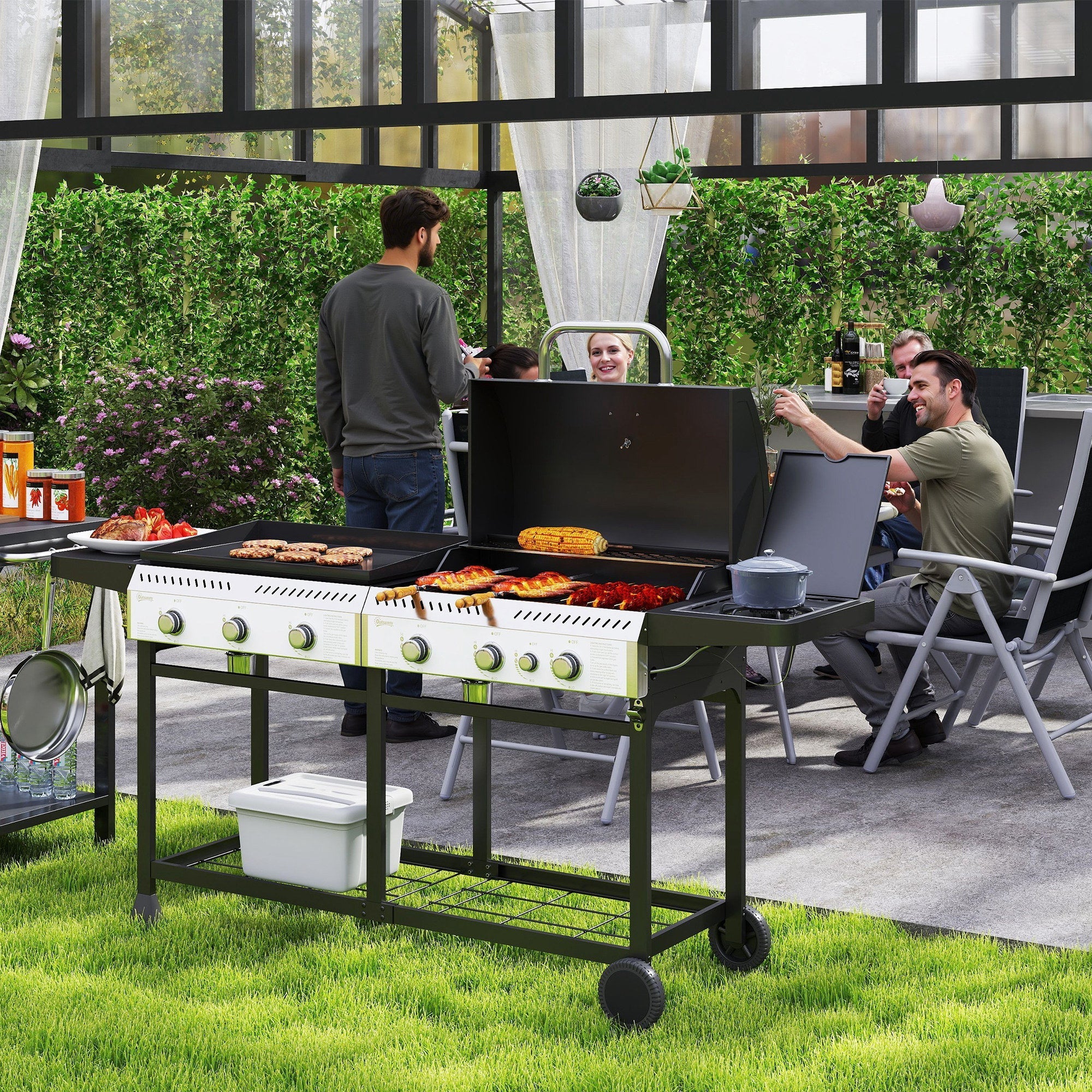 Outsunny Deluxe Duo Gas BBQ, with Grill, Plancha and Side Burner - Black