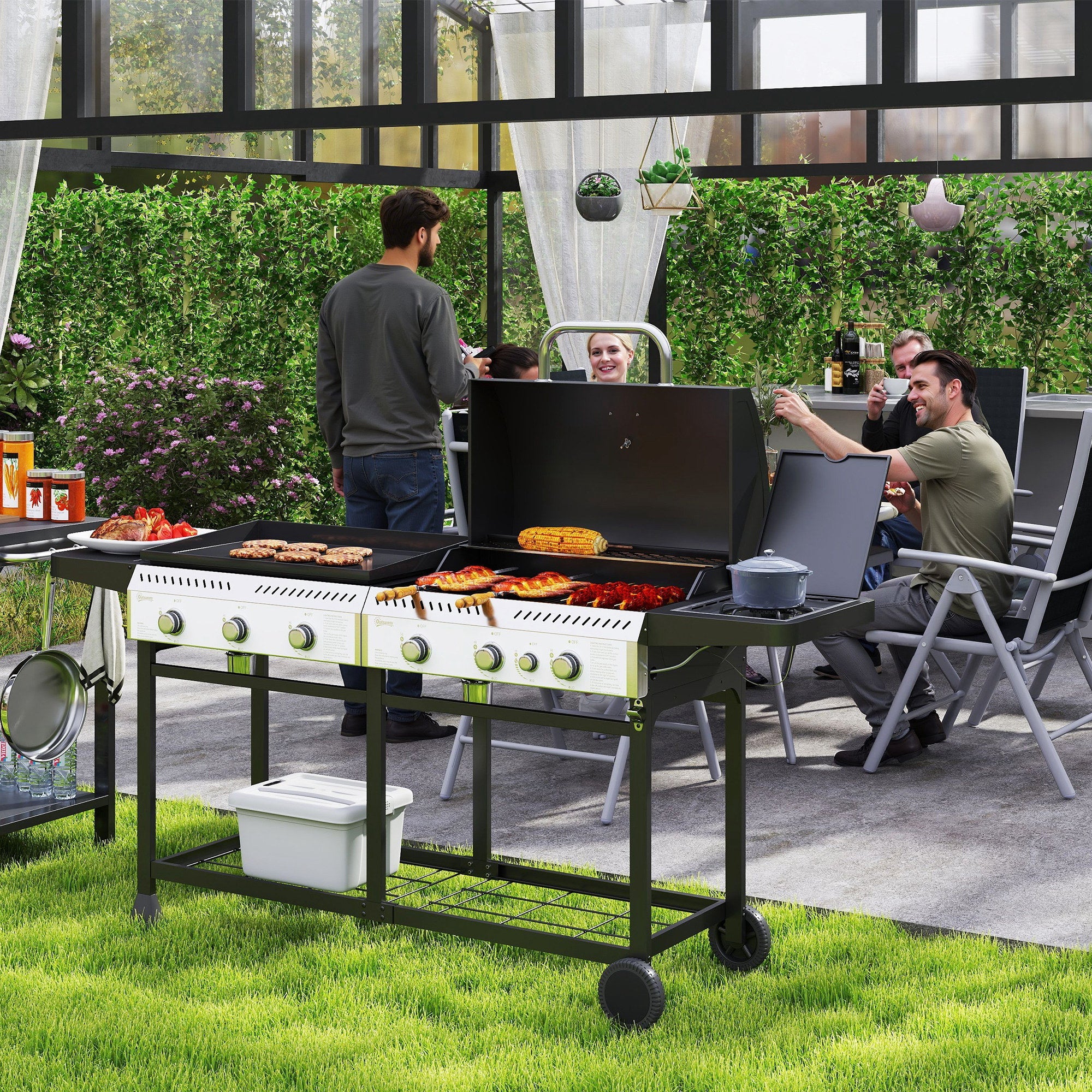Outsunny Deluxe Duo Gas BBQ, with Grill, Plancha and Side Burner - Black
