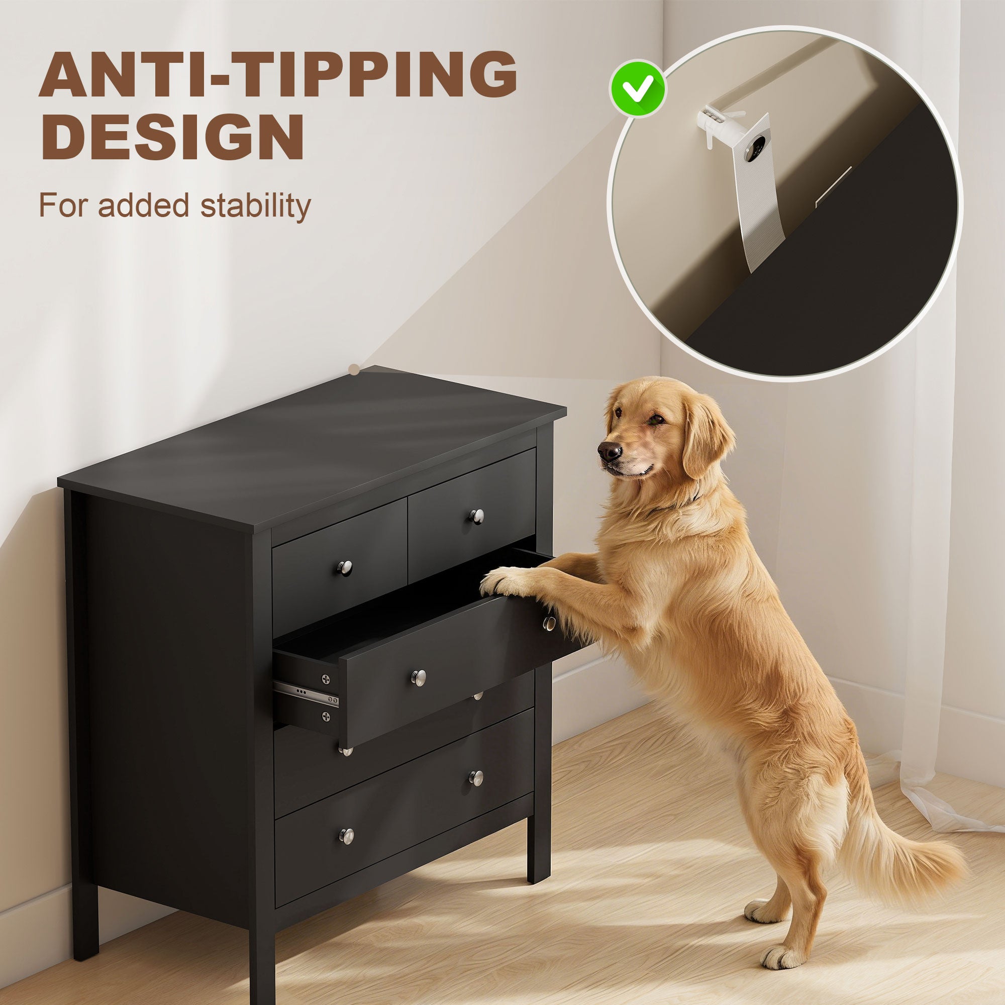 HOMCOM 5 Drawer Dresser for Bedroom, Modern Chest of Drawers, Wide Storage Unit for Living Room, Hallway, Black