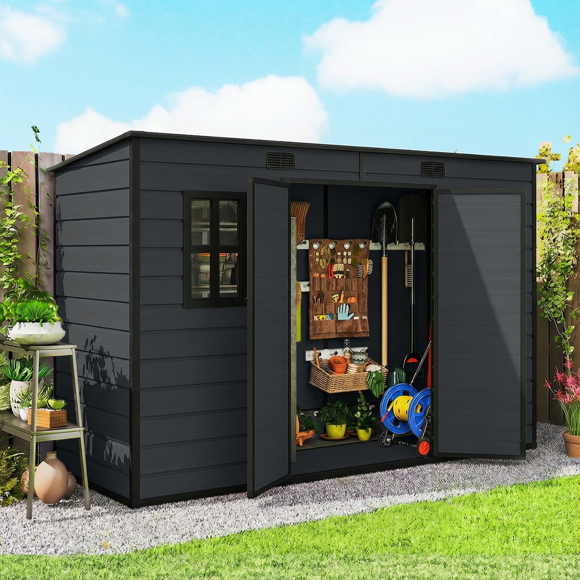 Outsunny 10 x 4 ft Resin Garden Shed, Outdoor Storage Shed with Floor, Windows, Lockable Doors and Vents, Dark Grey