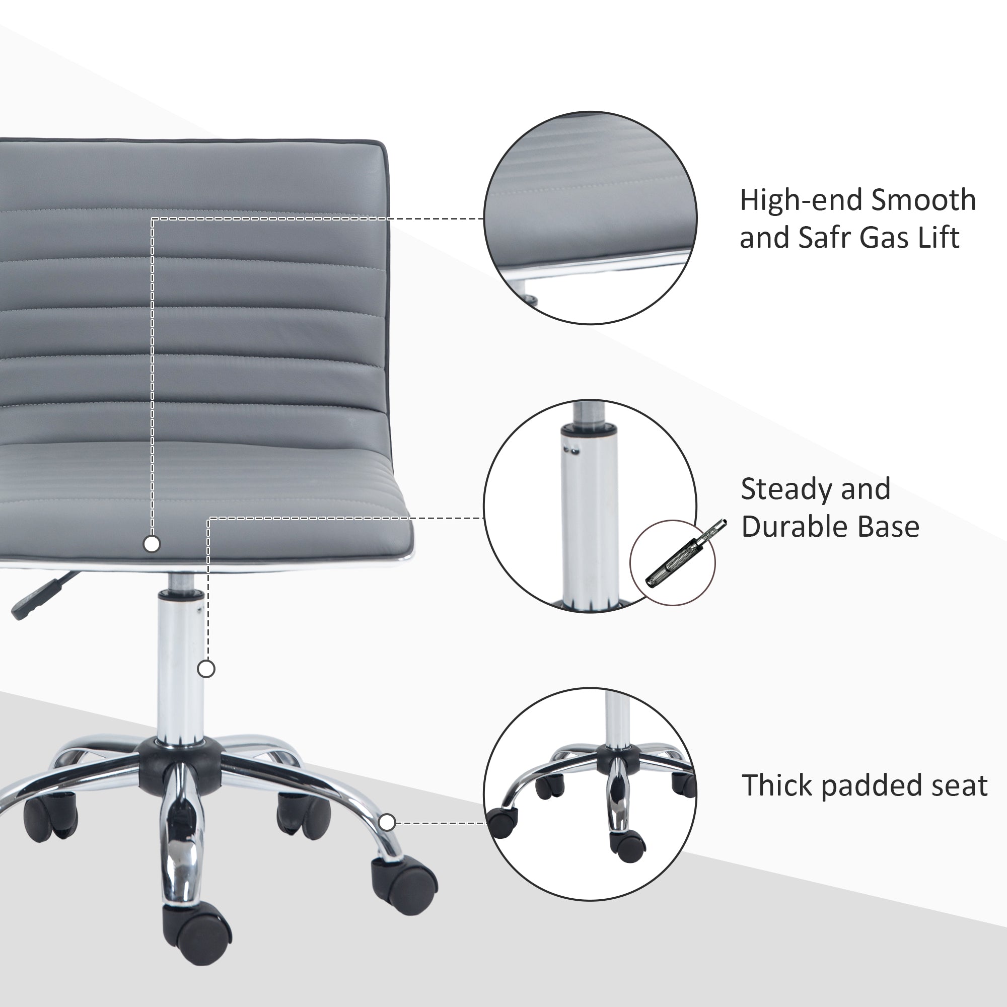 HOMCOM Armless Task Desk Chair, Swivel Office Chair with Faux Leather, Adjustable Seat Height, Chrome Base, Wheels for Home, Light Grey