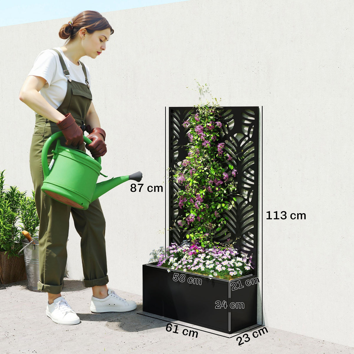 Outsunny Metal Garden Bed for Garden with Trellis, Wall Mounted or Freestanding Raised Planter with Privacy Screen