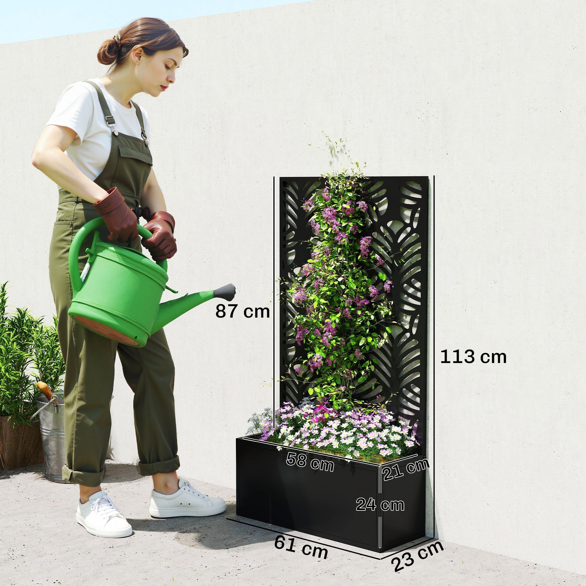 Outsunny Metal Garden Bed for Garden with Trellis, Wall Mounted or Freestanding Raised Planter with Privacy Screen