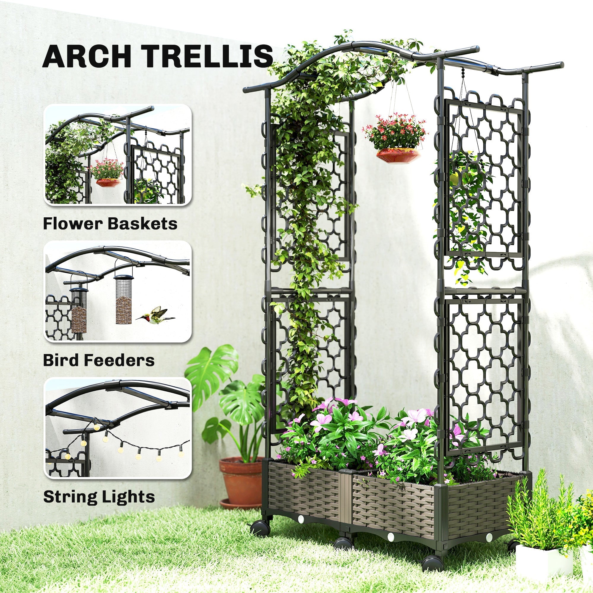 Outsunny Raised Garden Bed with Arch Trellis, Raised Bed for Garden on Wheels with Side Trellis, Self Watering Planter Box