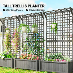 Outsunny Raised Bed with Drainage Holes, Wood Planter with Trellis for Climbing Plants, Dark Grey
