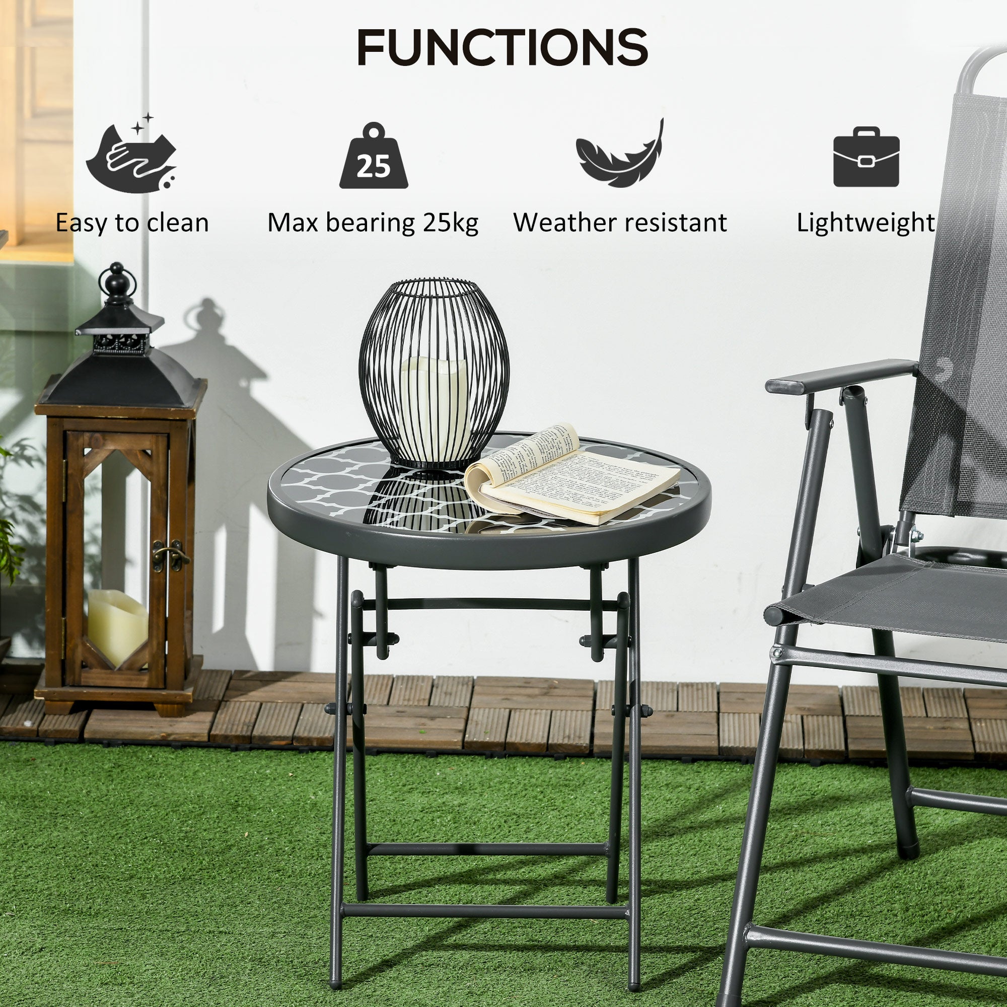 Outsunny 45cm Garden Side Table, Outdoor Round Folding Patio Table with Imitation Marble Glass Top, Small Coffee Table, Black and White