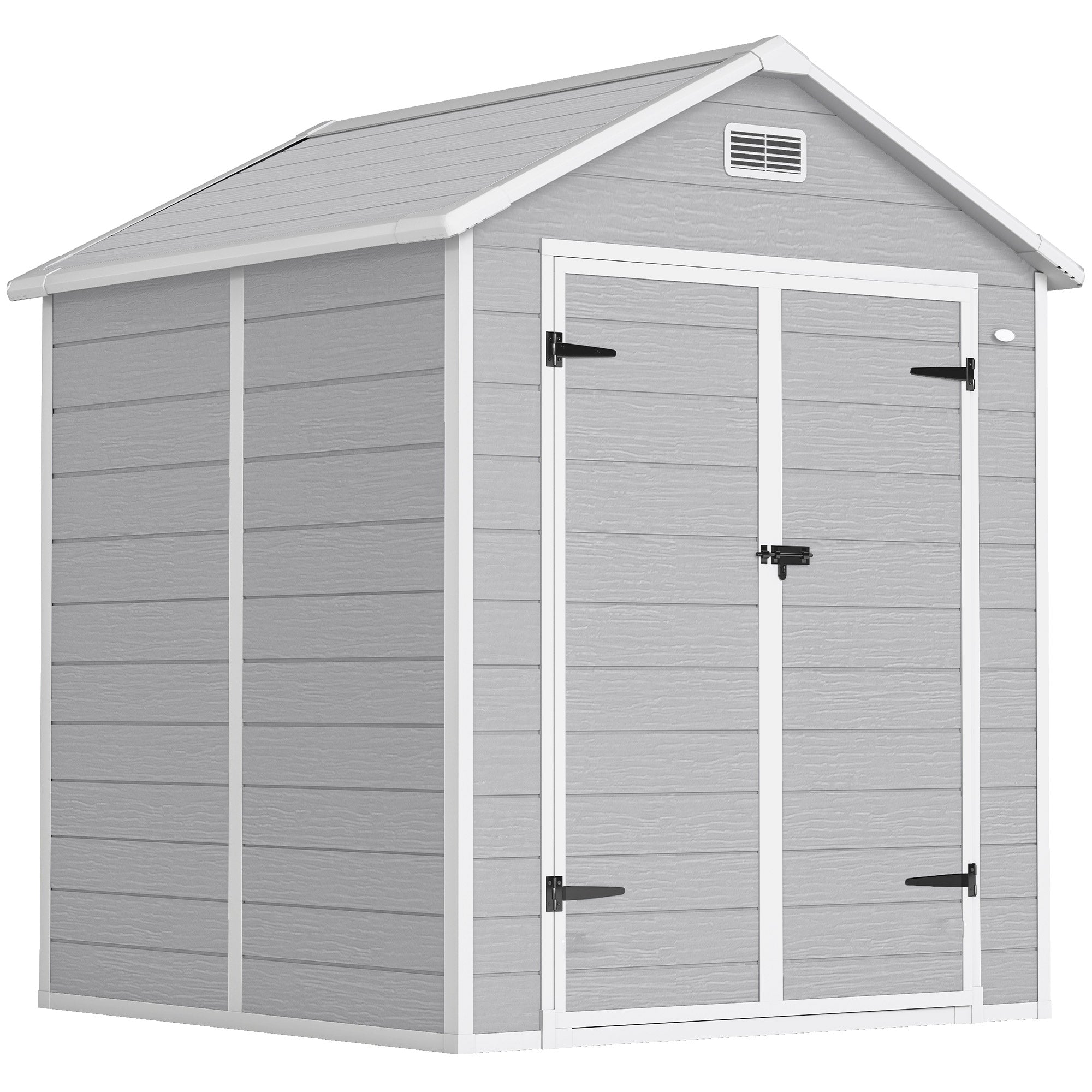 Outsunny 6 x 5ft Garden Shed, Plastic Shed with Floor, Window, Lockable Doors and Vents, Wood Effect Resin Tool Shed for Outdoor Patio, Light Grey