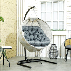 Outsunny Hanging Egg Chair Outdoor Indoor Garden Swing Chair with Folding Basket, Garden Hanging Chair with Stand, Thickened Cushion, Cup Holder for Patio, Balcony, Grey