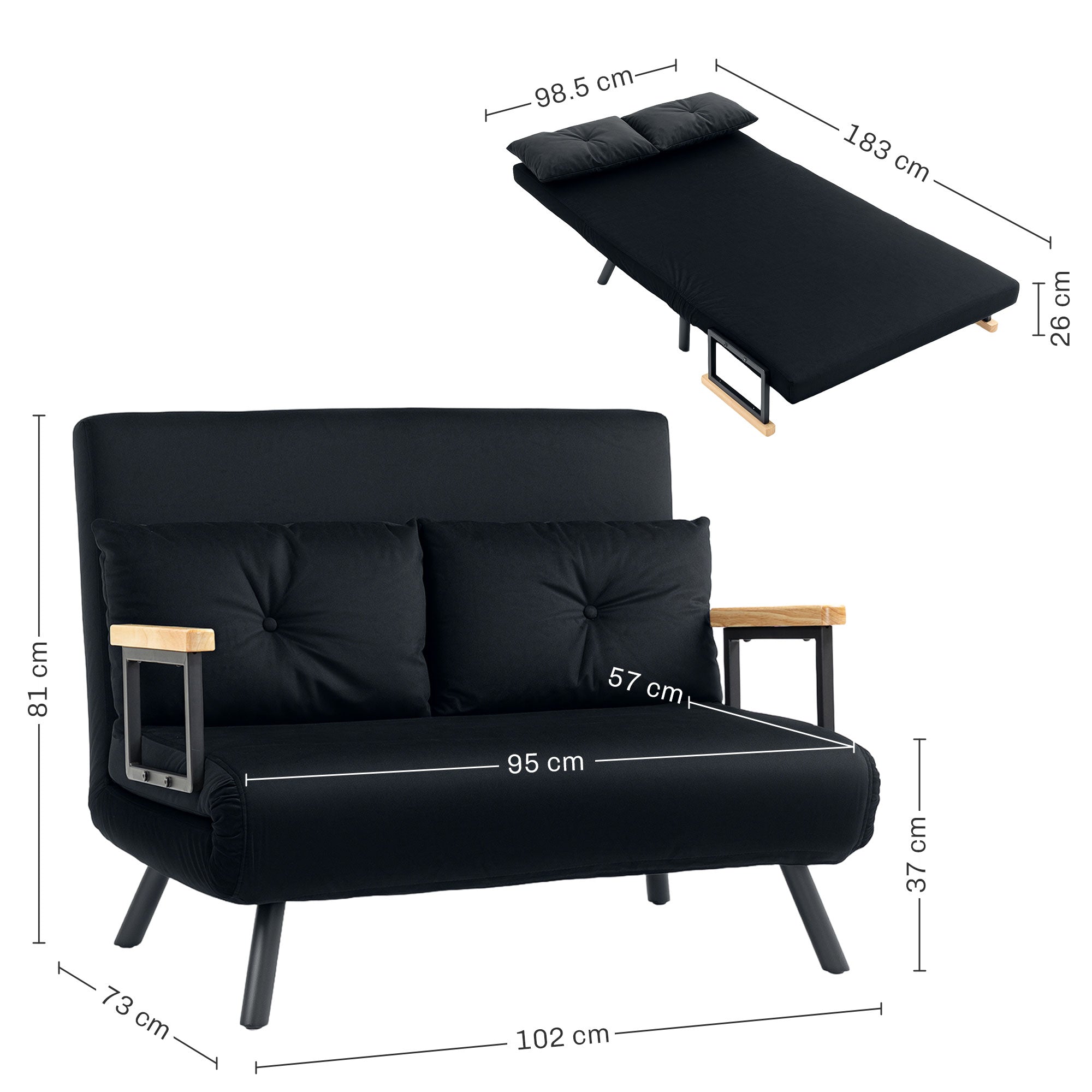 HOMCOM 4-in-1 Velvet-Feel Double Sofa Bed, with Pillows - Black