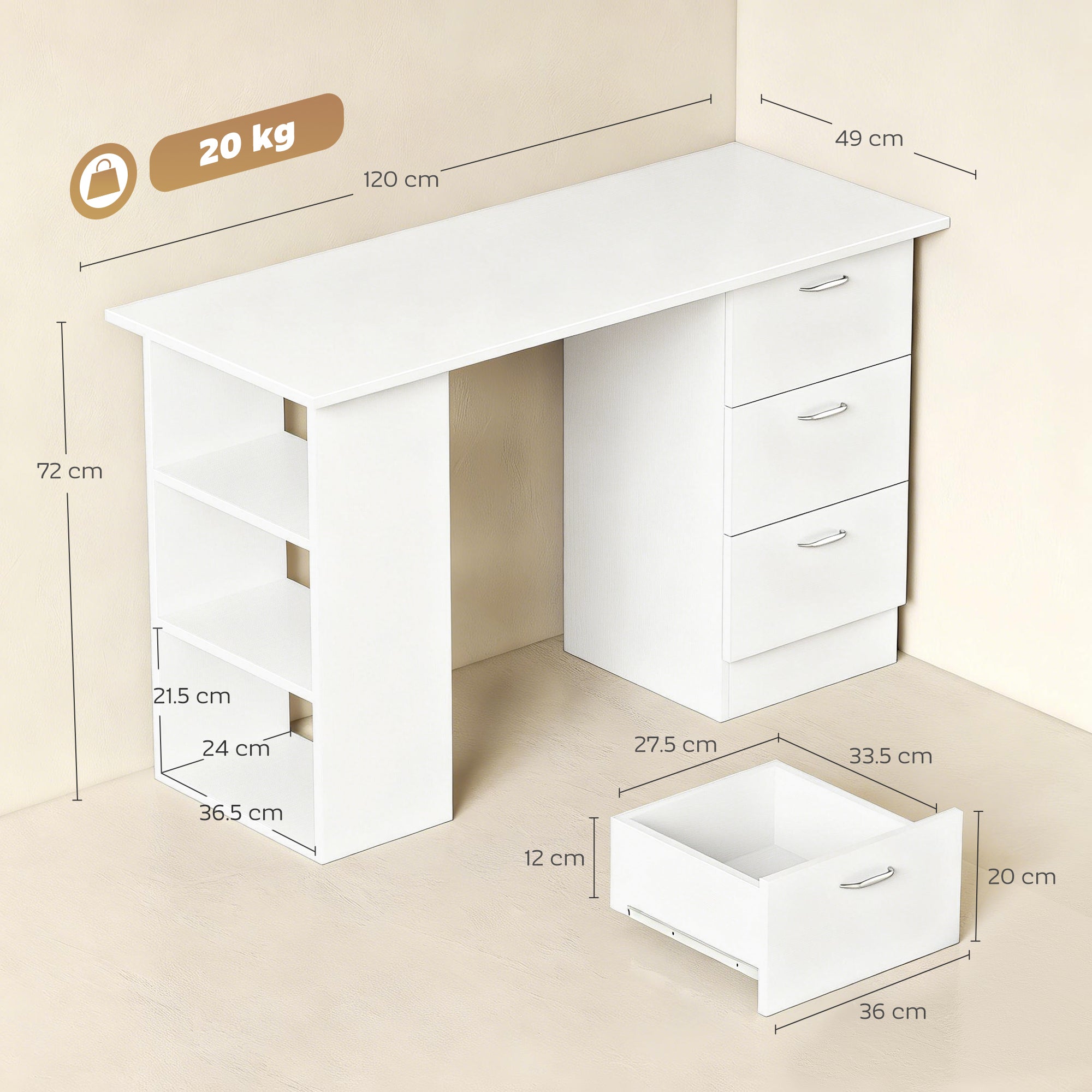HOMCOM Computer Desk, Home Office Desk, Writing Table, PC Workstation with 3 Storage Shelves and 3 Drawers for Working, Study, 120 x 49 x 72 cm, White