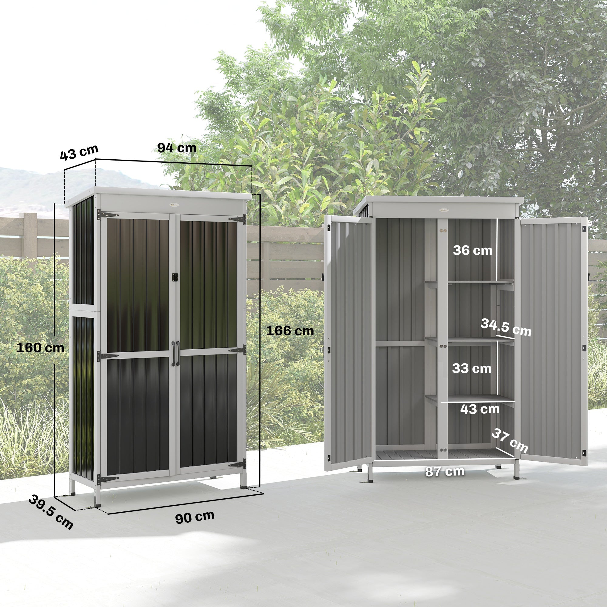 Outsunny Outdoor Storage Cabinet with Removable Shelves, Garden Tool Shed with Asphalt Roof, White and Black