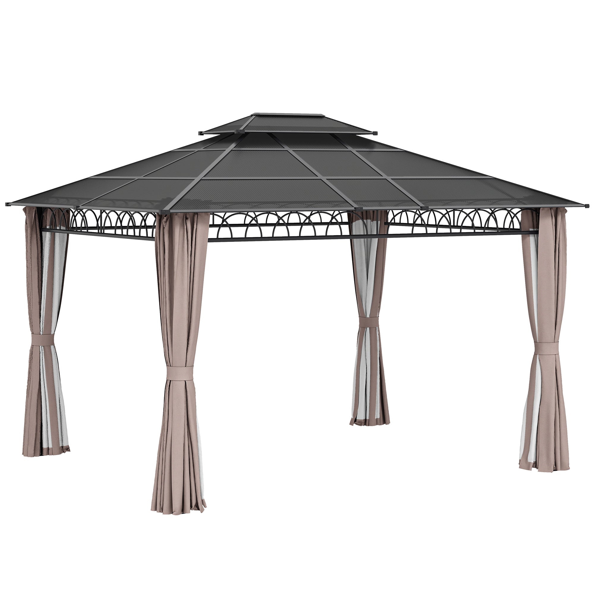 Outsunny 3.6 x 3 (m) Outdoor Polycarbonate Gazebo, Double√Ç Roof Hard Top Gazebo with Nettings√Ç &√Ç Curtains for Garden, Lawn, Patio