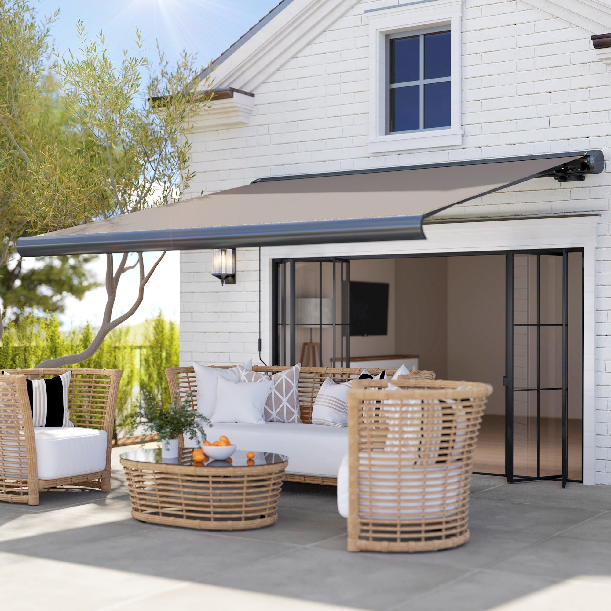 Outsunny 3 x 2.5 m Electric Awning with Remote Controller, Aluminium Frame DIY Retractable Awning, UV50+ Sun Shade Canopy for Garden Patio Deck Door Window, Light Grey