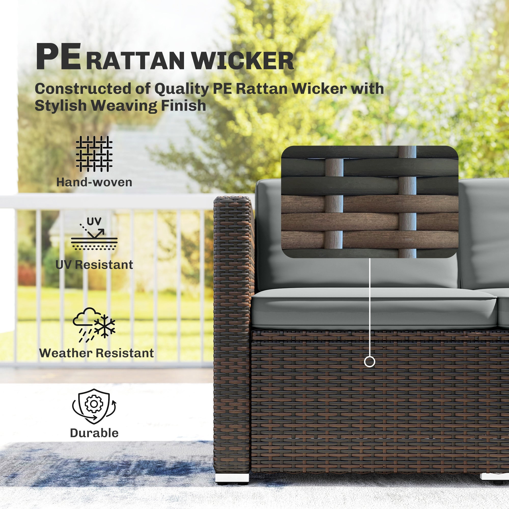 Outsunny 3 Pieces Garden Furniture Set w/ Cushions, PE Rattan Wicker Conversation Corner Sofa Set, Light Grey