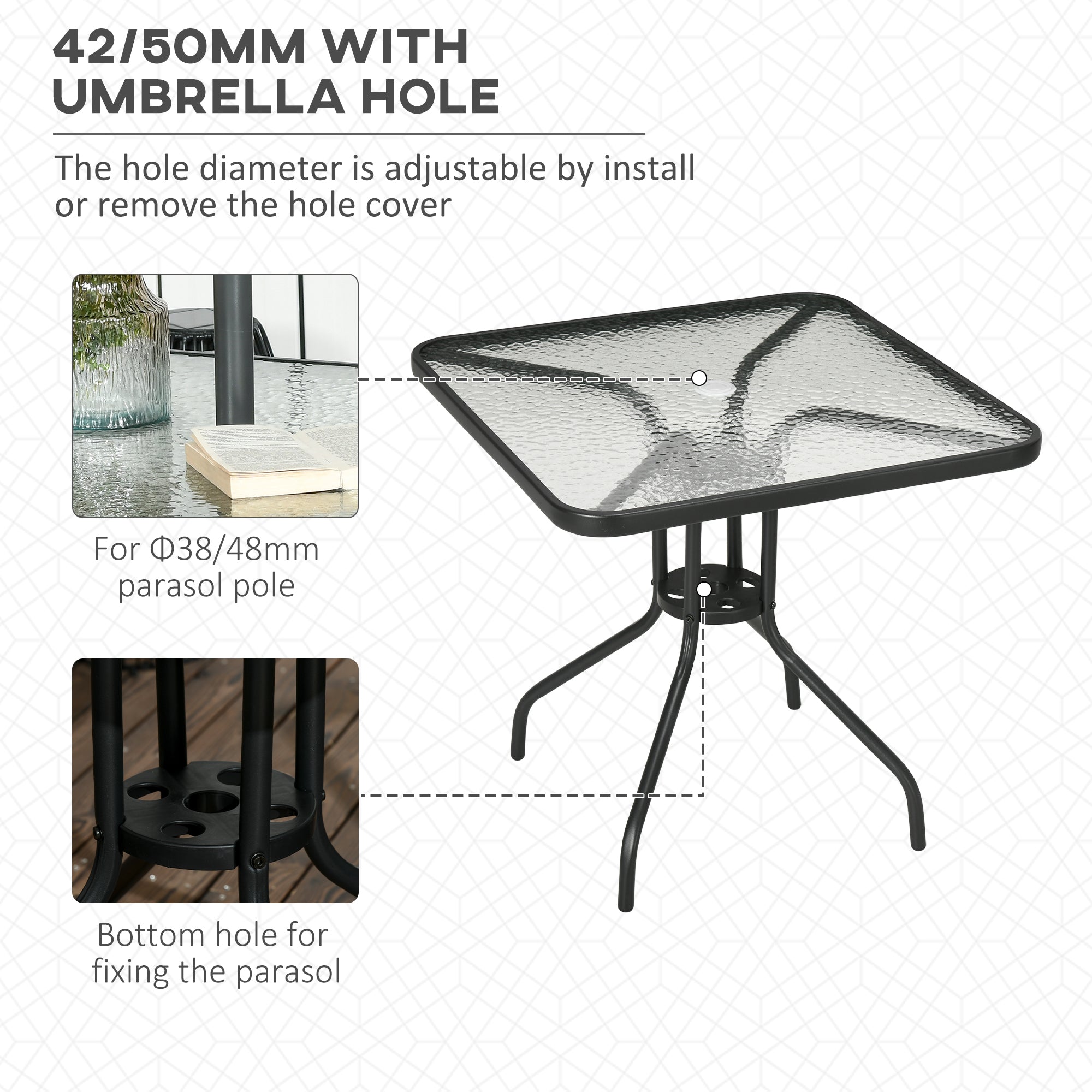 Outsunny Square Garden Dining Table with Tempered Glass Top & Umbrella Hole, 76 x 76 cm