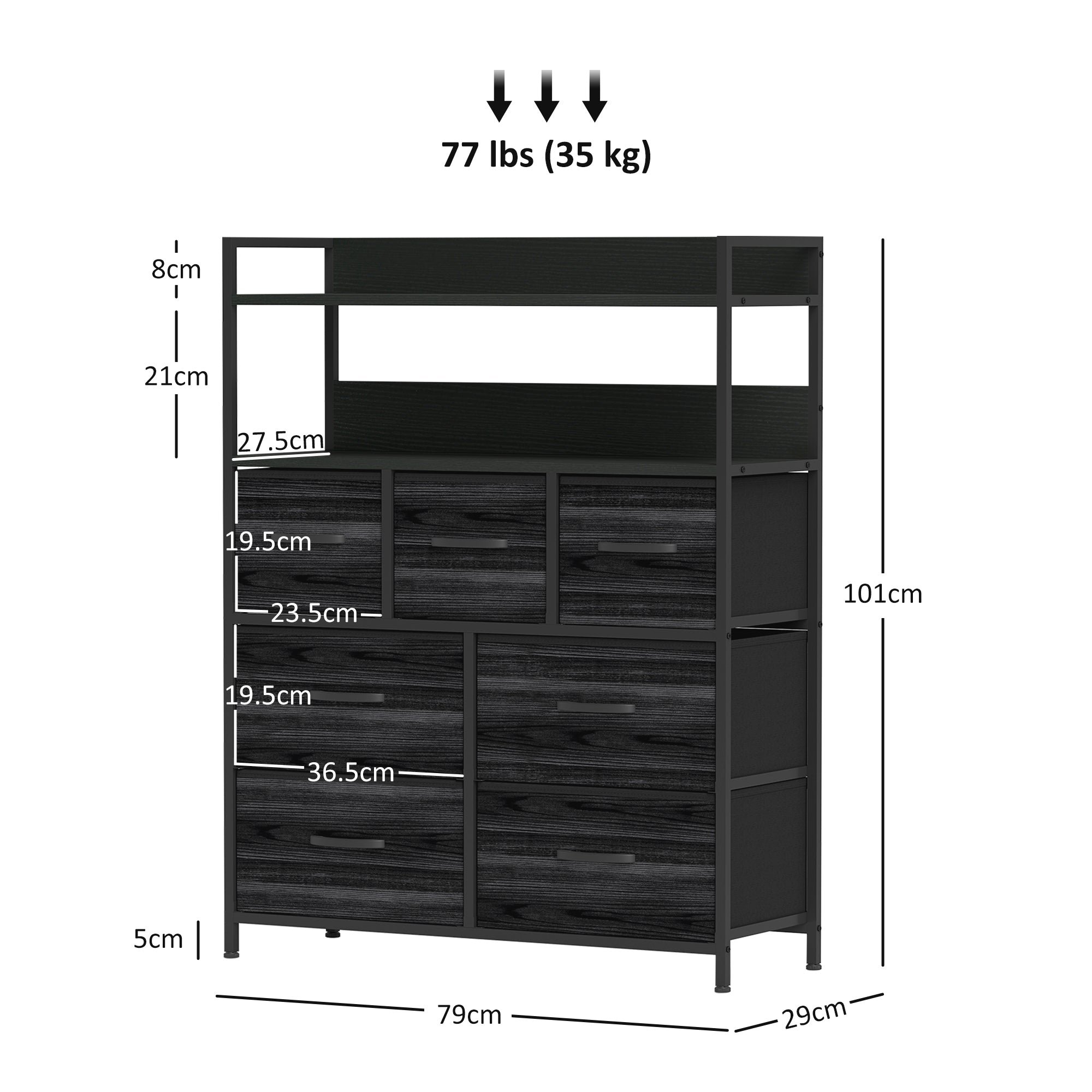 HOMCOM Rustic Chest of Seven Fabric Drawers - Black