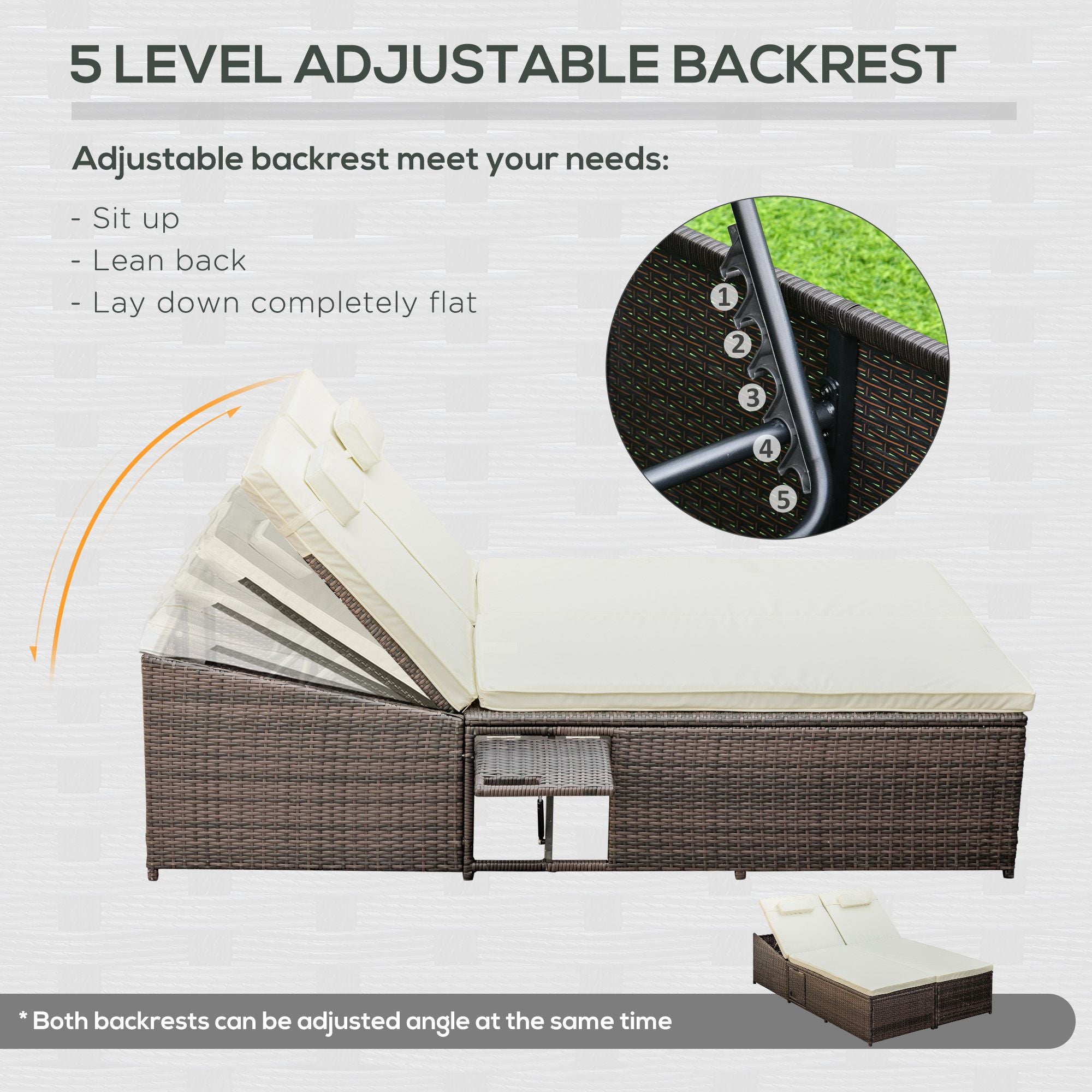 Outsunny Double Rattan Sun Lounger, Garden Daybed with 5-Level Adjustable Backrest and Flip Side Trays, Wicker Outdoor Furniture Recliner with Cushions and Pillows for Patio, Cream White