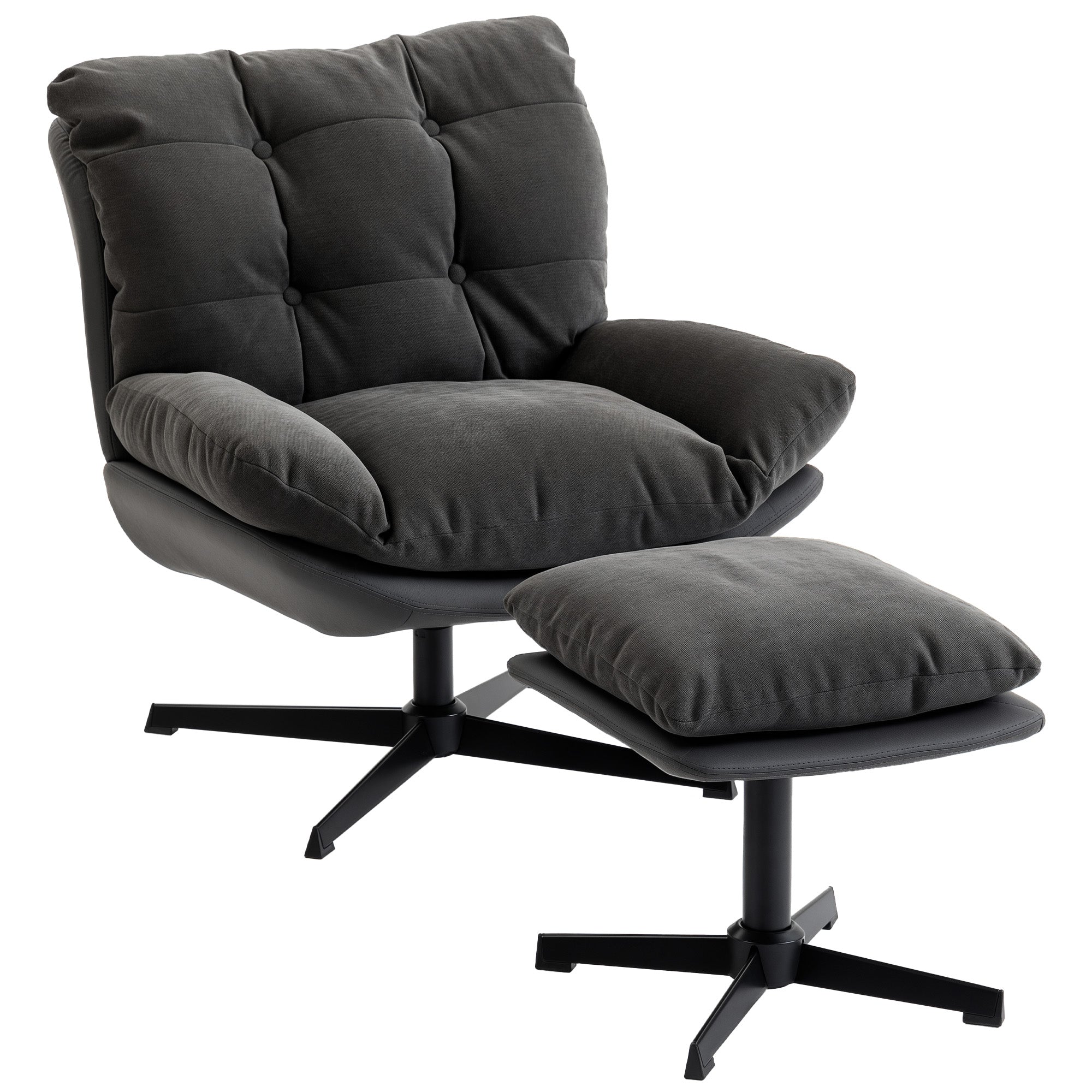 HOMCOM Accent Chair with Footstool, Swivel Lounge Chair with Chenille Upholstery, Metal Base, Dark Grey